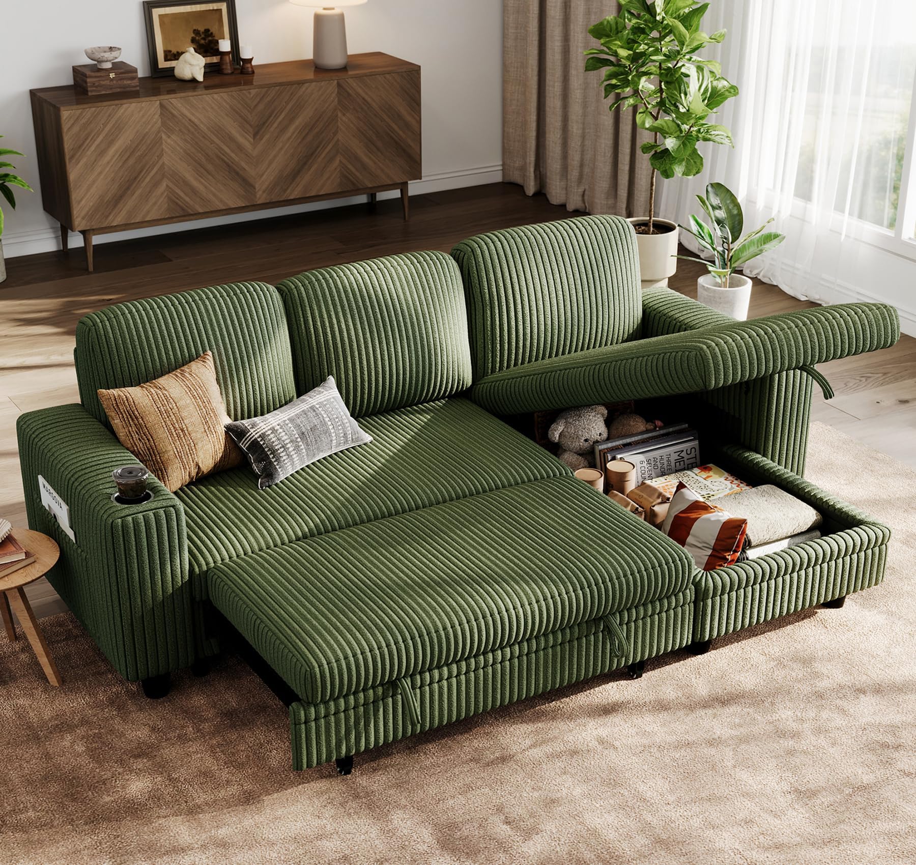Convertible Sectional Sleeper Sofa with Pull-Out Bed, Corduroy Couch with Storage Chaise & USB Port, L-Shaped Sofa for Living Room, Green
