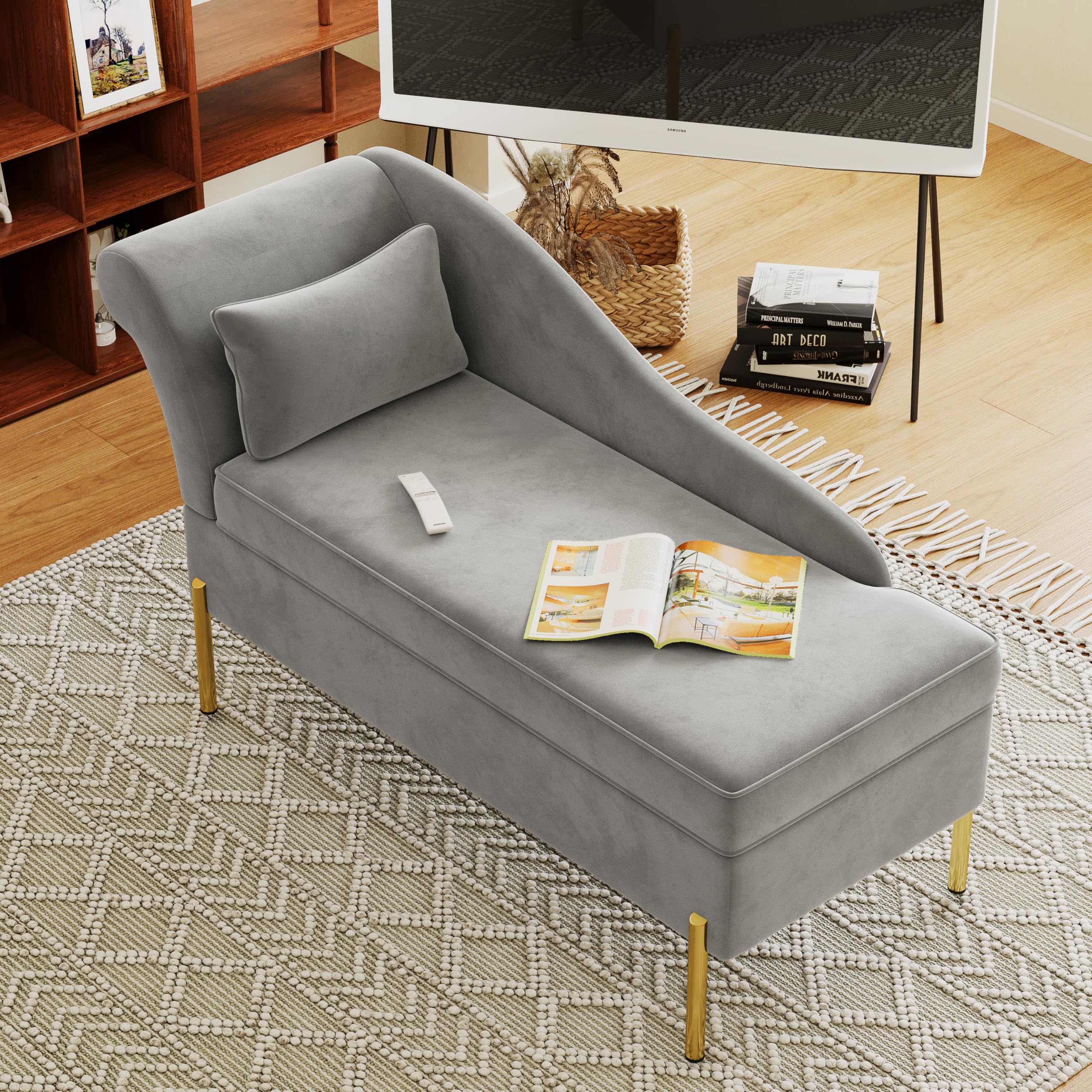 Velvet Chaise Lounge with Storage, Tufted Upholstered Recliner Sofa Chair for Bedroom, Living Room, Office, Light Grey, Left Armrest