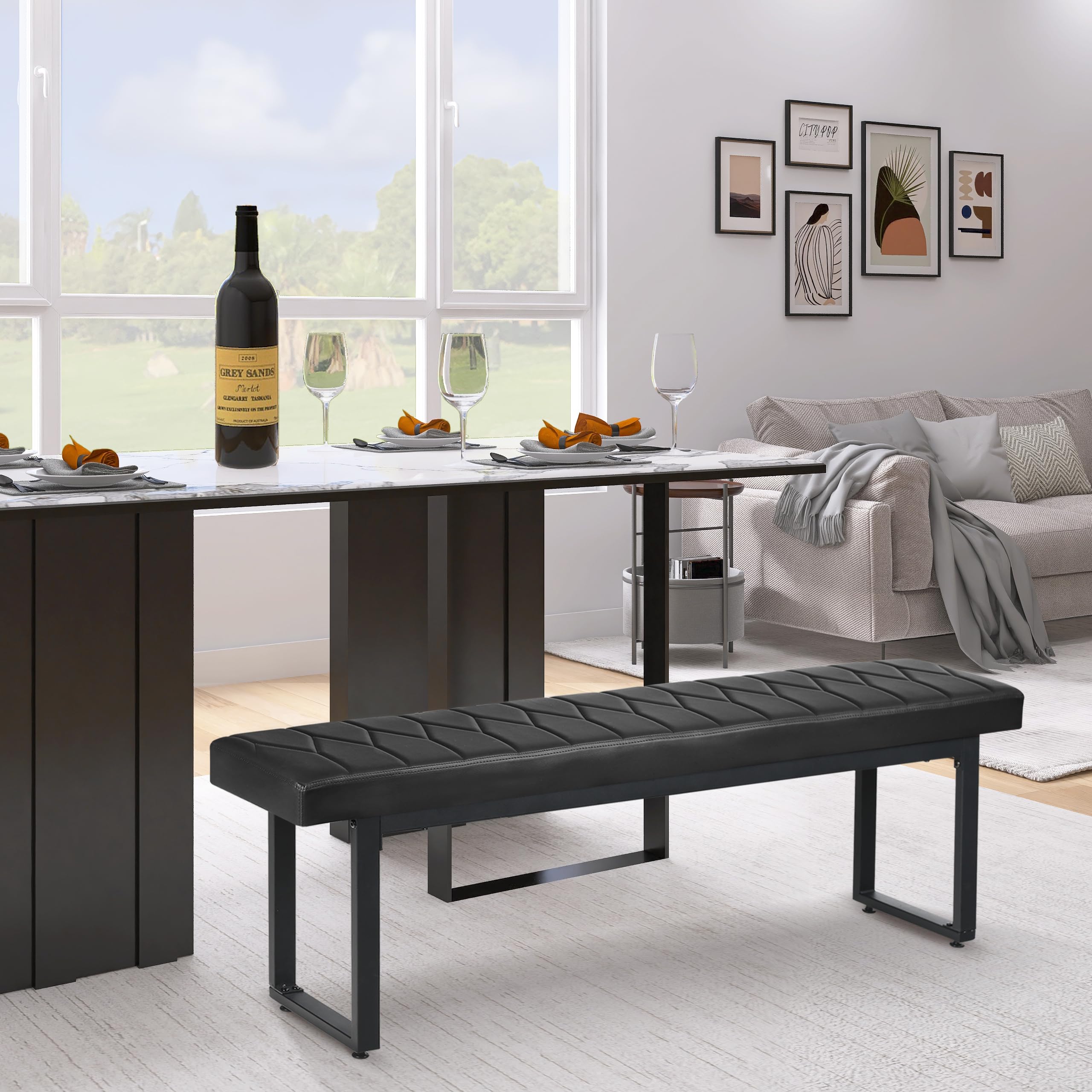 Set of 2 Padded 58" Dining Benches, Faux Leather Extra Long Cushioned Seats for 6–8 People, Entryway, Bedside, Dining Room, Black