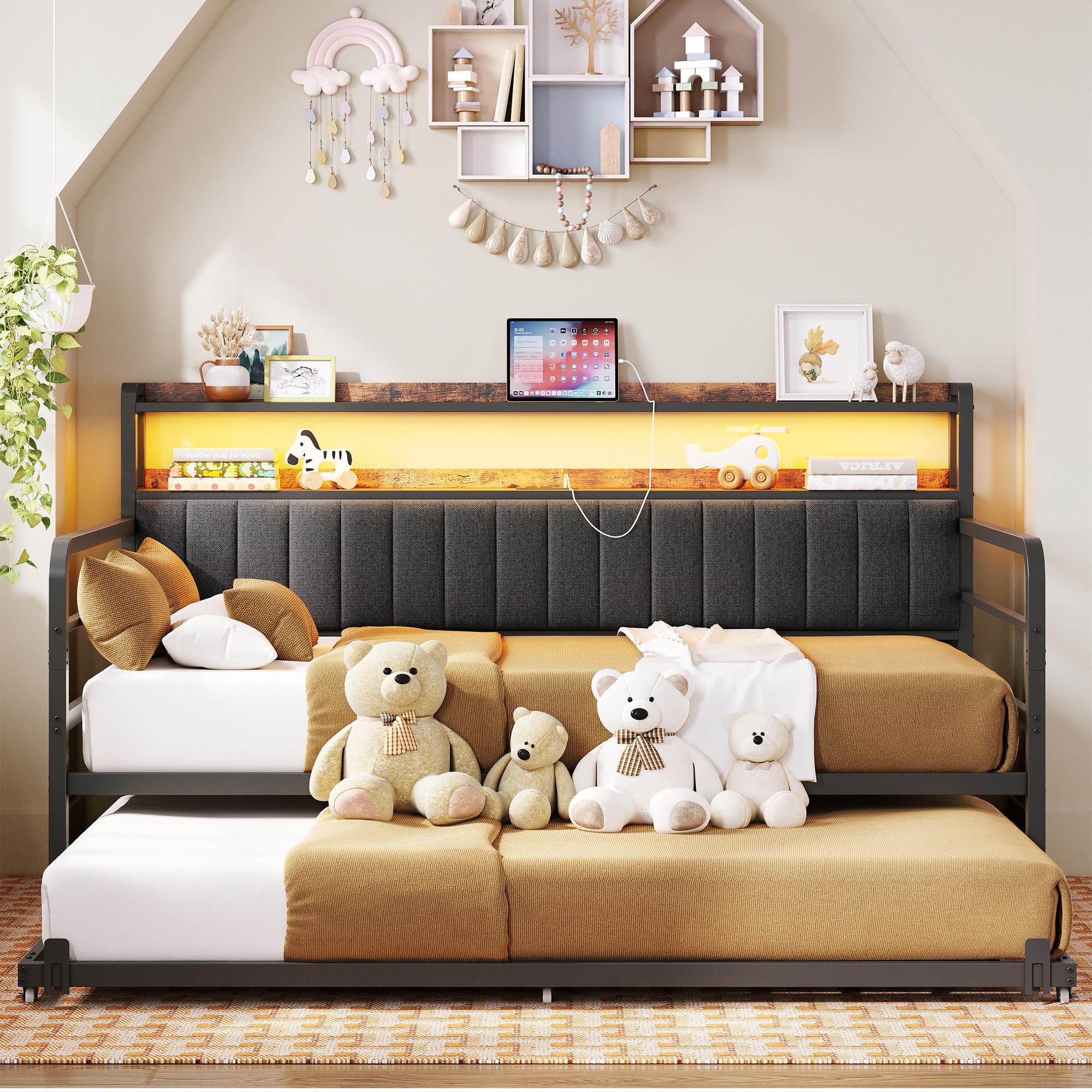 Twin Daybed with Trundle, LED Lights, Charging Station, 2-Tier Storage Shelves & Upholstered Headboard, Metal Frame, Bedroom