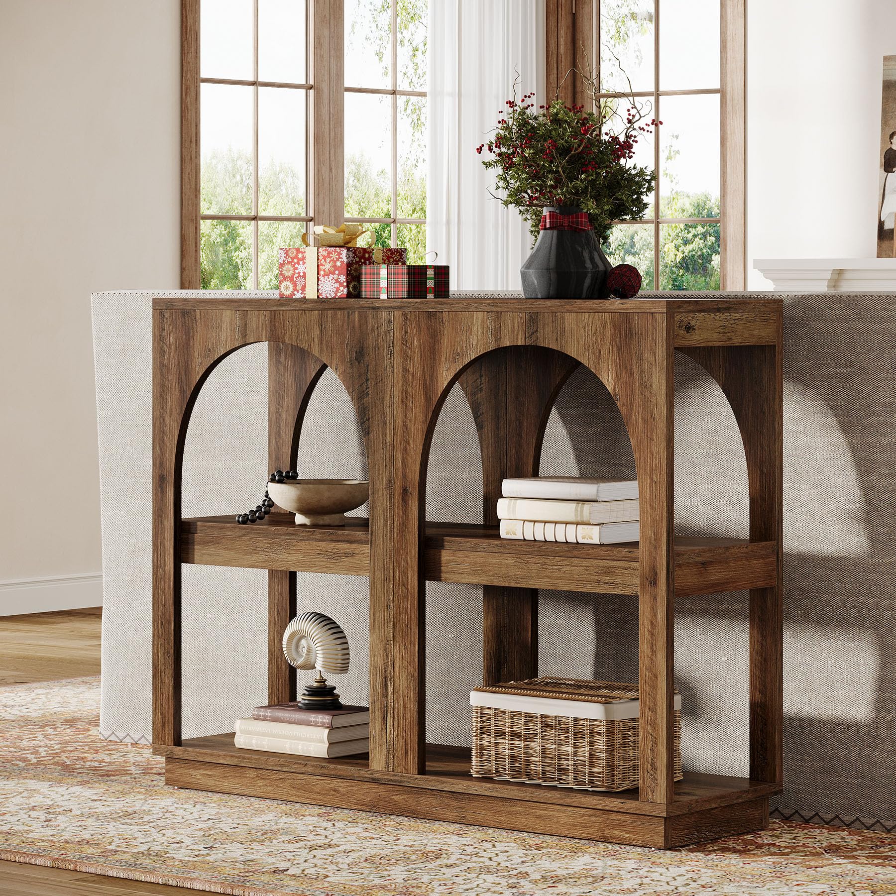 41.3" Narrow Console Table, Mid-Century Modern Entryway Table with Storage, Arched Sofa Table for Small Spaces, Hallway, Living Room, Brown