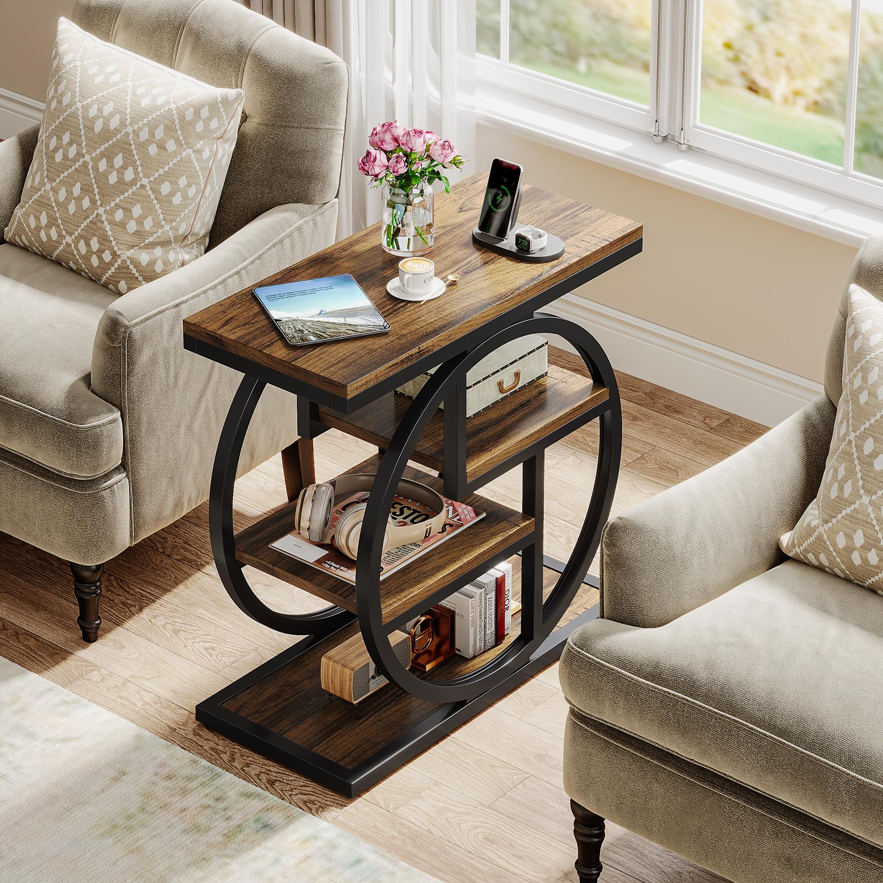 Set of 2 End Tables, 4-Tier Narrow Side Tables with Storage Shelves, Rustic Brown Wood & Metal Frame for Sofa, Bedroom, Living Room