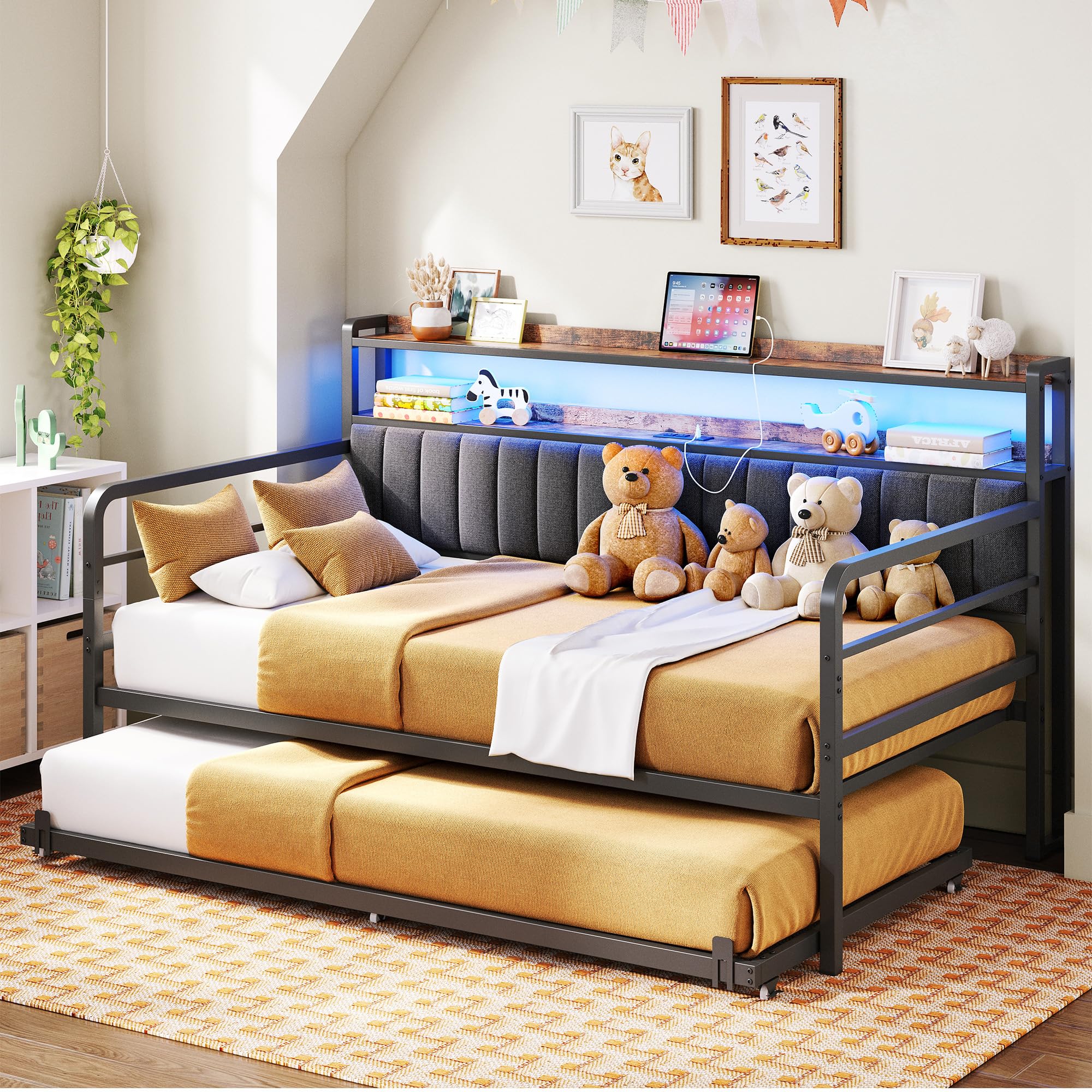 Twin Daybed with Trundle, LED Lights, Charging Station, 2-Tier Storage Shelves & Upholstered Headboard, Metal Frame, Bedroom