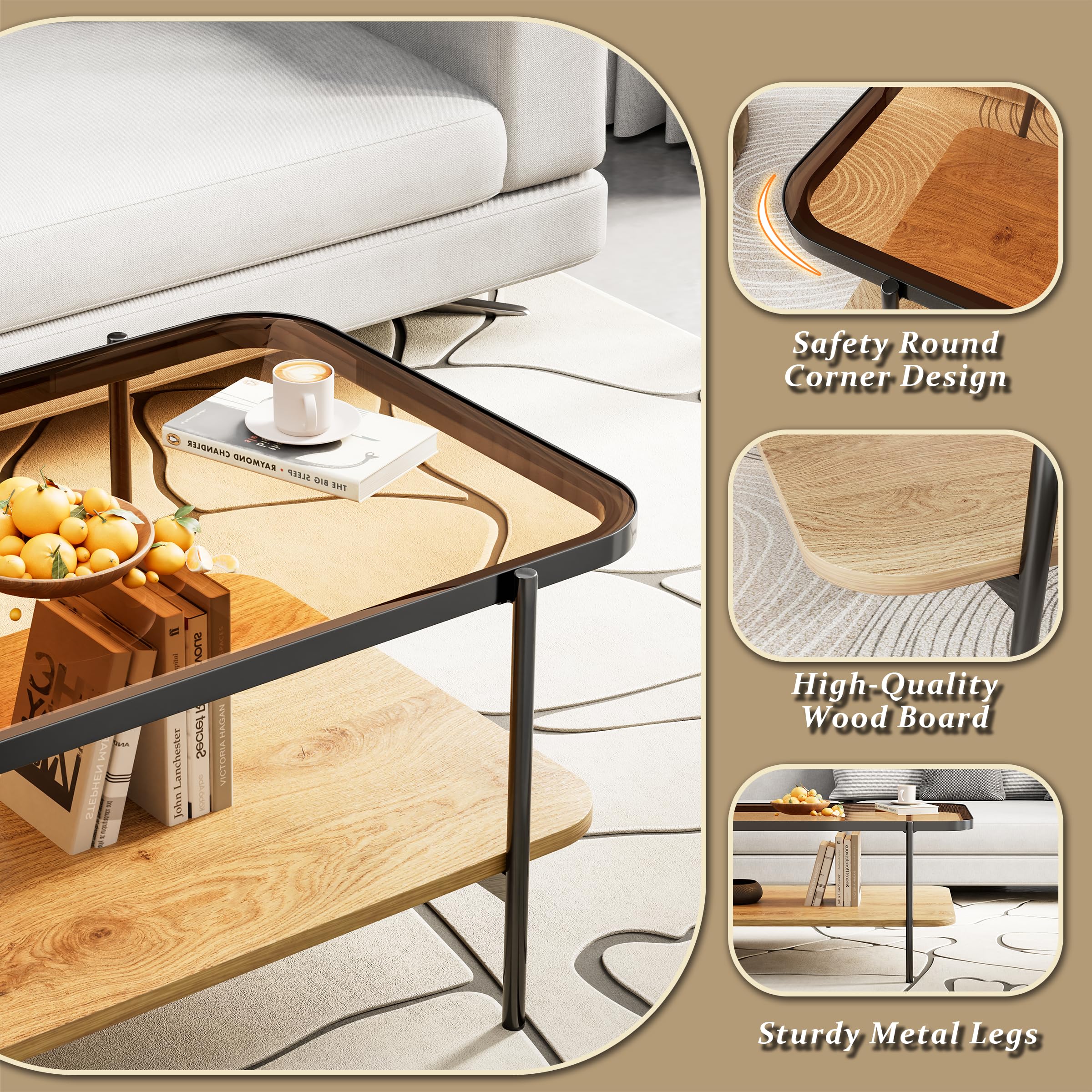 Modern Brown Glass Coffee Table, 2-Tier Rectangular Center Table with Metal Legs & Wood Storage, Rounded Corners for Living Room or Office