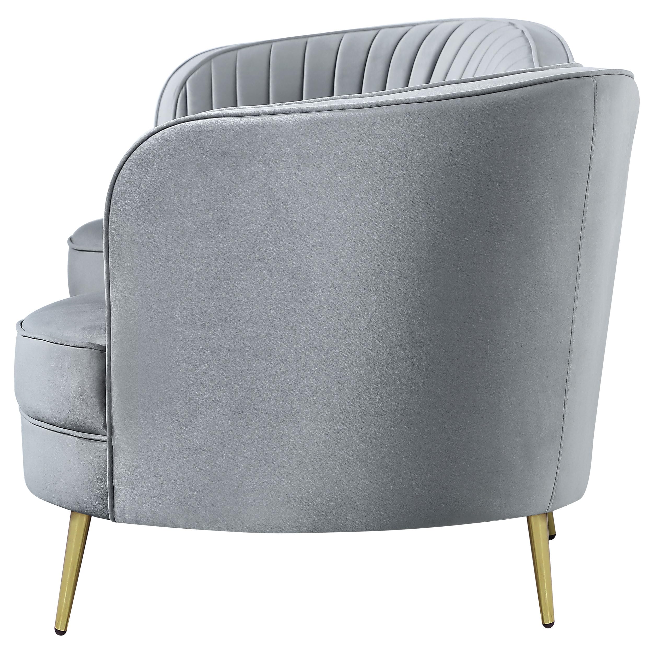 Sophia Loveseat 506865, Upholstered Velvet Channel Tufted Sofa with Inverted Camel Back & Gold Legs, Wood Frame, for Living Room, Gray