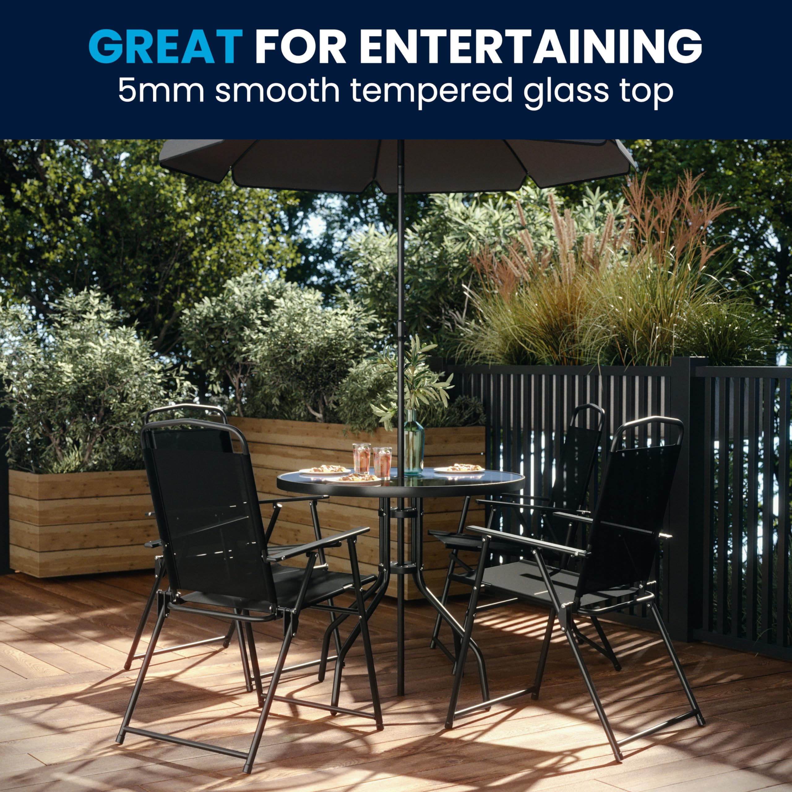 Nantucket 6-Piece Patio Dining Set with Glass Table, 4 Folding Chairs, and Umbrella, Outdoor Patio Set, Black