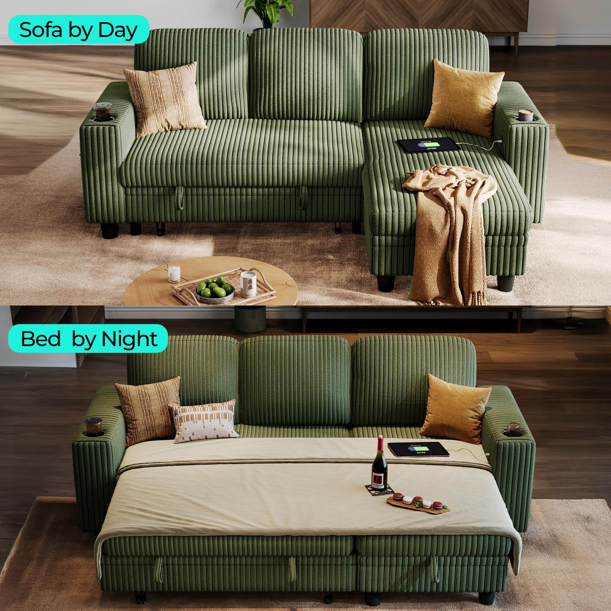 Convertible Sectional Sleeper Sofa with Pull-Out Bed, Corduroy Couch with Storage Chaise & USB Port, L-Shaped Sofa for Living Room, Green