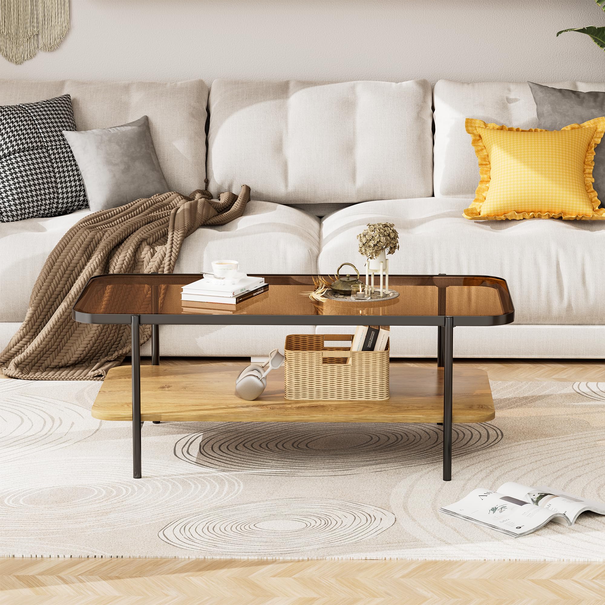 Modern Brown Glass Coffee Table, 2-Tier Rectangular Center Table with Metal Legs & Wood Storage, Rounded Corners for Living Room or Office