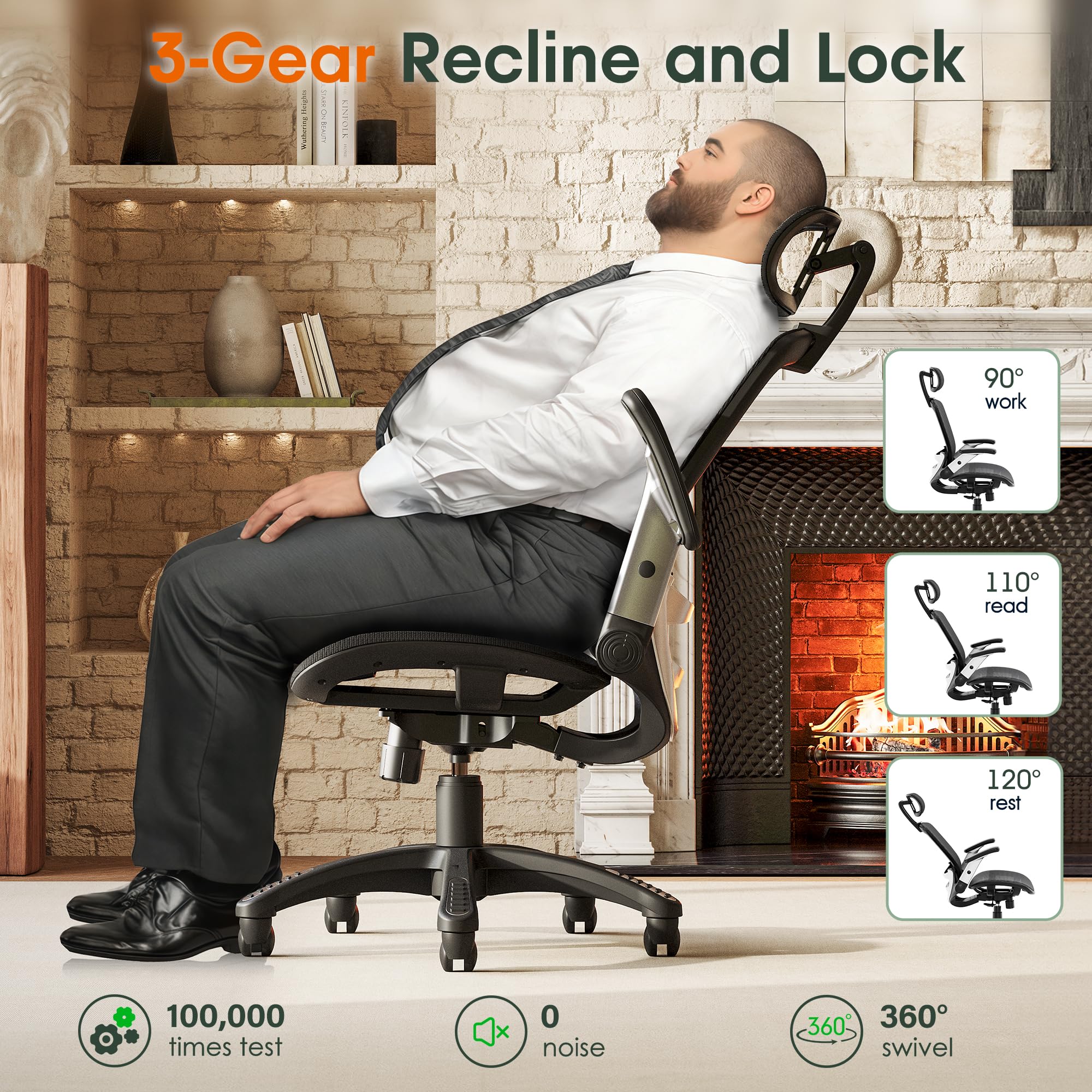 Ergonomic Office Chair, High Back Desk Chair with Headrest, Flip-Up Arms, Tilt Lock, Wide Cushion, Big & Tall Mesh Task Chair, Black