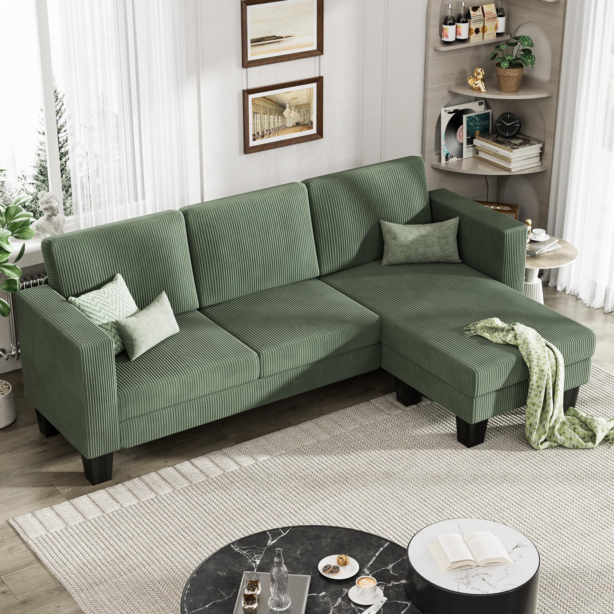 L-Shaped Convertible Sectional Sofa 3 Seater with Corduroy Fabric, Complete with Mobile Footrest, for Living Room, Apartment and Office, 70", Green