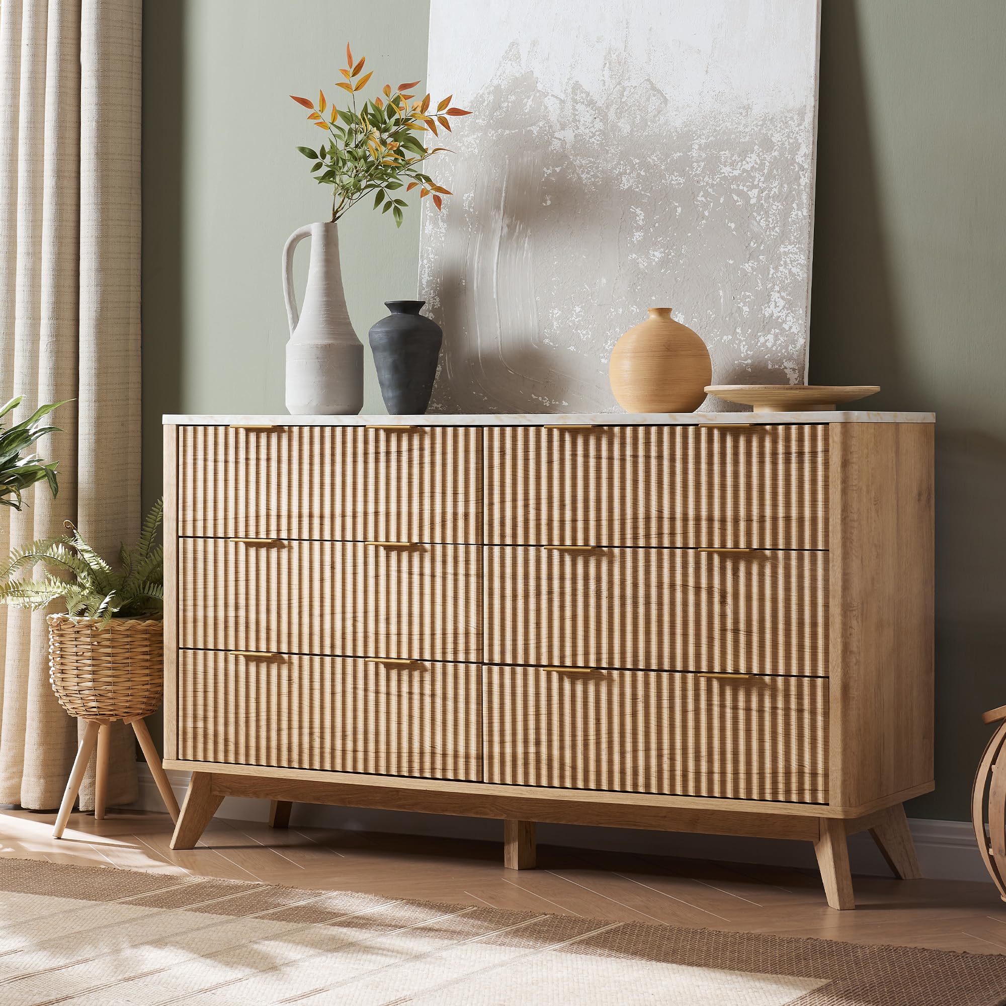 Fluted 6-Drawer Dresser, 54" Wide Modern Chest with Faux Marble Top & Curved Design, Dresser TV Stand for Bedroom, Living Room, Natural Oak