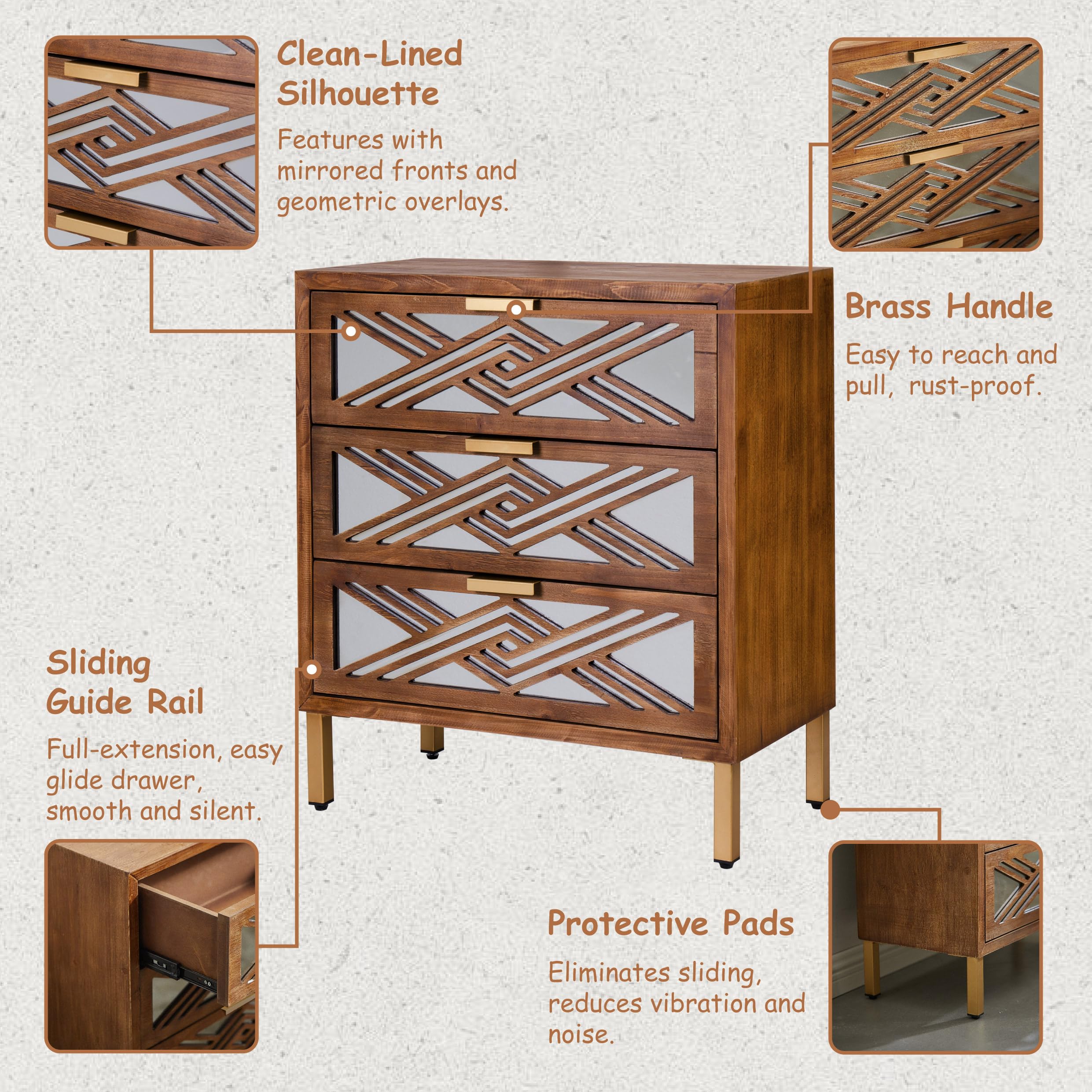 3-Drawer Accent Dresser with Mirror Fronts, Modern Farmhouse Accent Chest Clean-Lined Silhouette