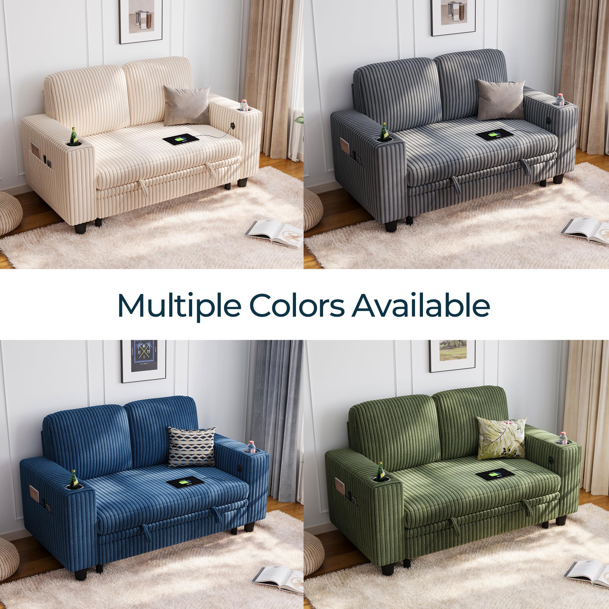 2-in-1 Loveseat Sofa with Pull-Out Chaise, USB Charging & Cup Holders, Plush Corduroy Convertible 2-Seater for Small Spaces, Green