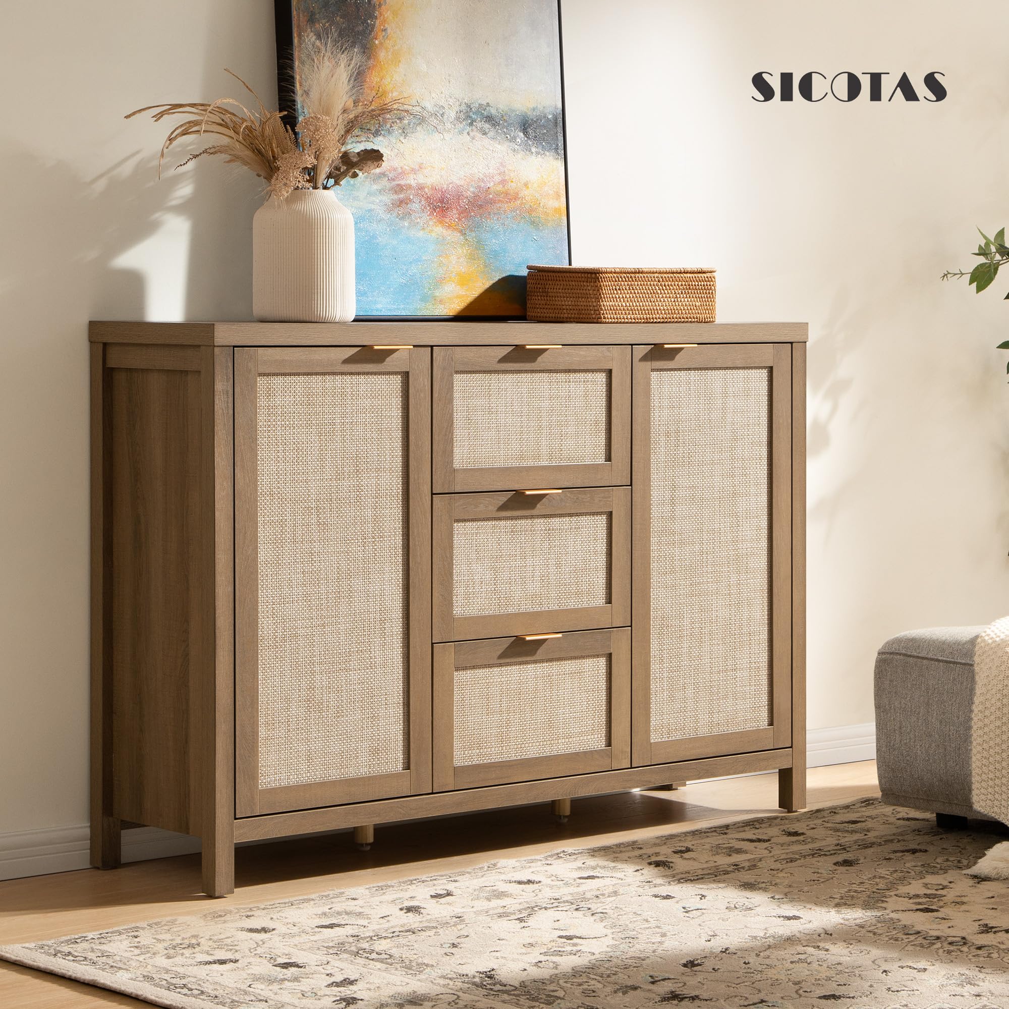 Rattan Sideboard Buffet Cabinet with Storage - 52" Larger Farmhouse Credenza Storage Coffee Bar Cabinet with 3 Drawers & 2 Doors, Boho