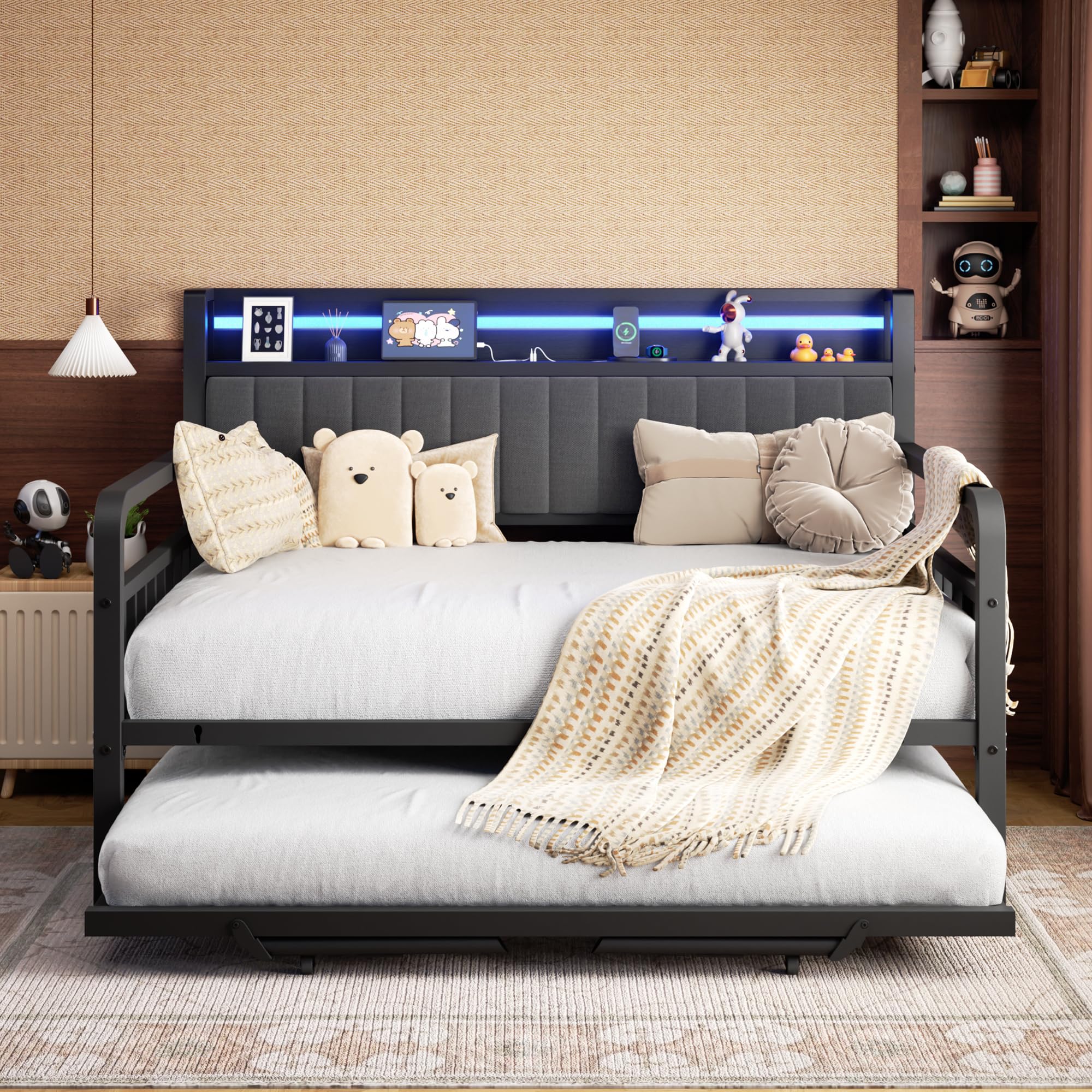 Full Daybed with Pop-Up Trundle, LED Light, Upholstered Storage Headboard & Charging Station, Heavy-Duty Metal Frame, Black
