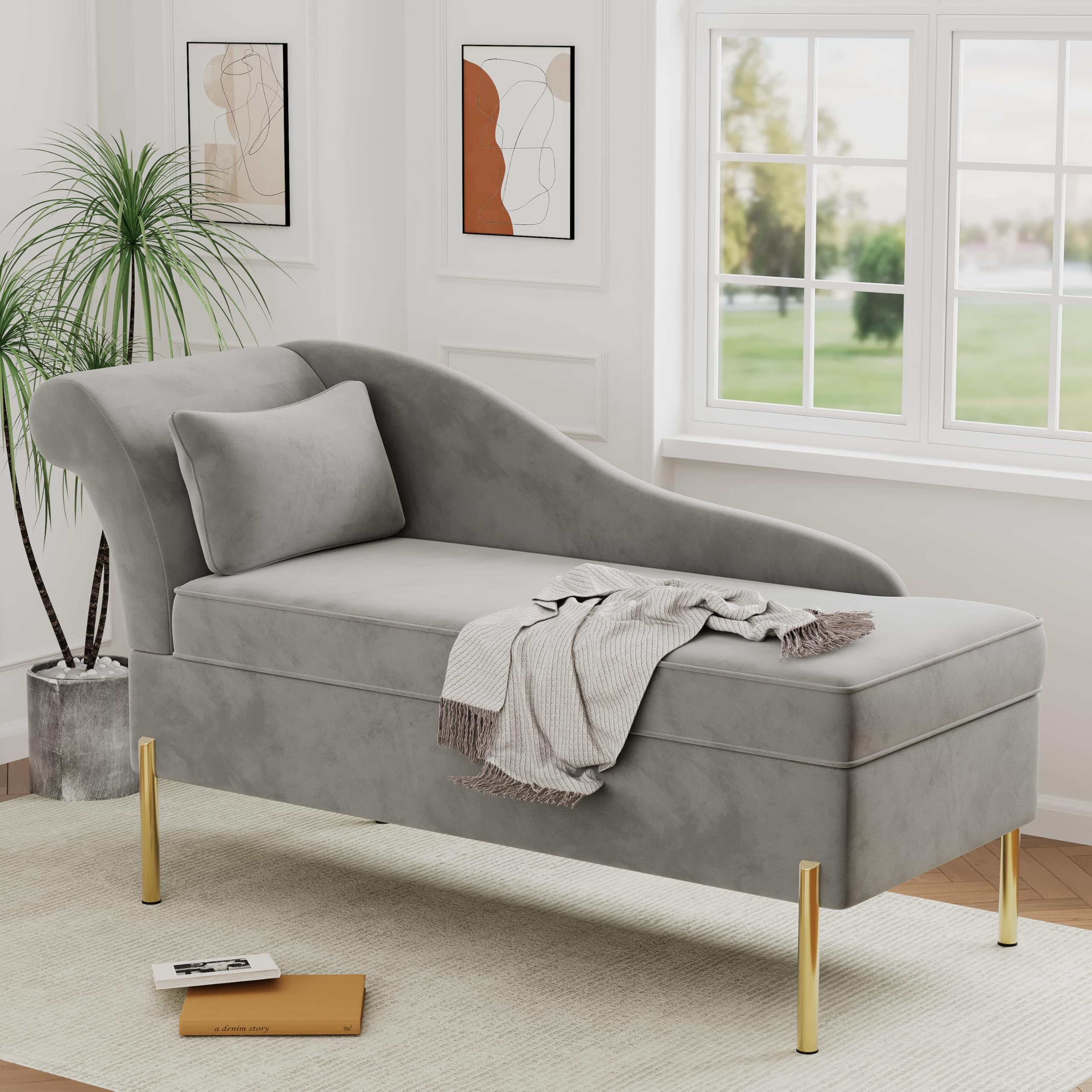 Velvet Chaise Lounge with Storage, Tufted Upholstered Recliner Sofa Chair for Bedroom, Living Room, Office, Light Grey, Left Armrest