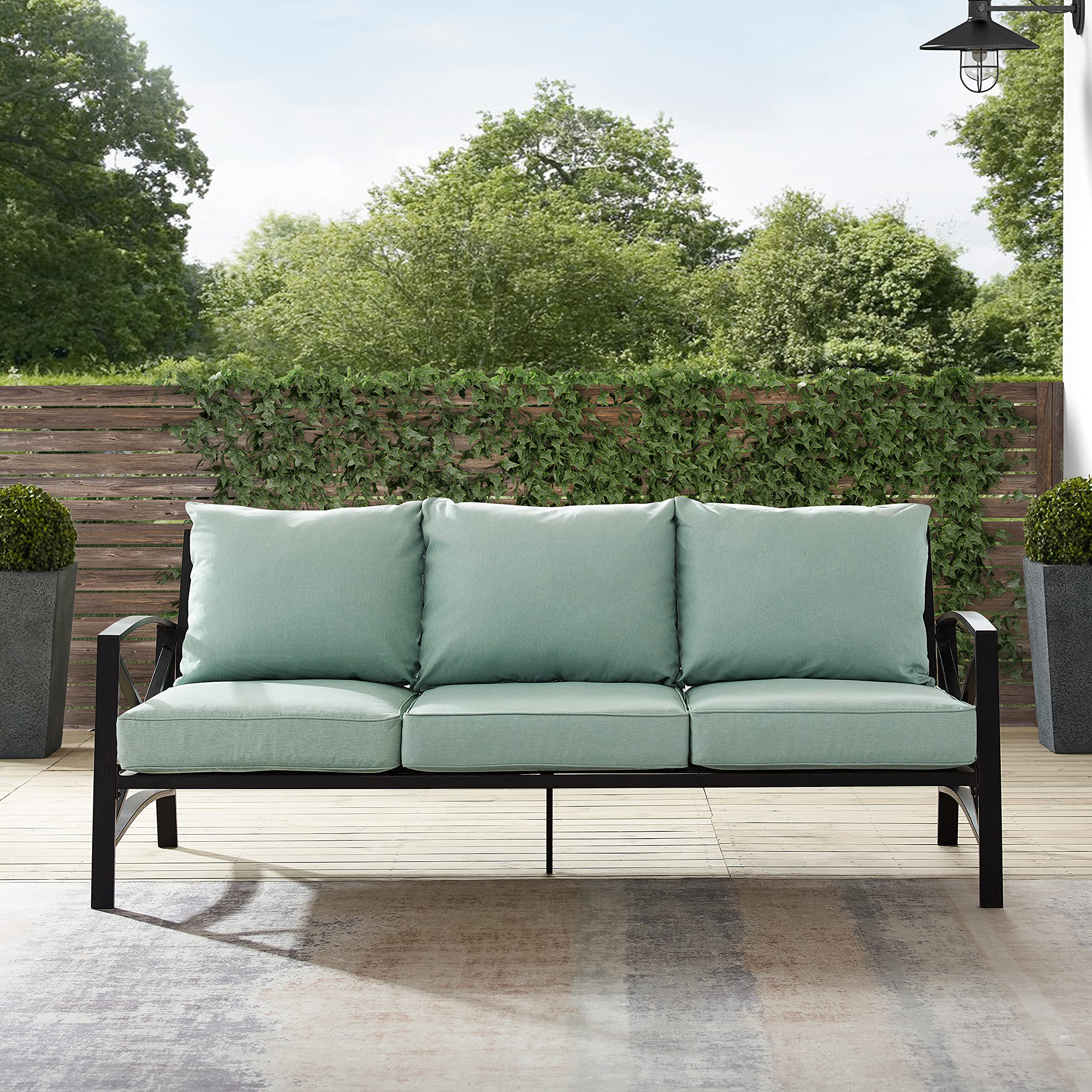 Kaplan Outdoor Sofa with Steel Frame, 3-Person Patio Couch for Porch, Deck, Backyard, Oiled Bronze with Mist Cushions