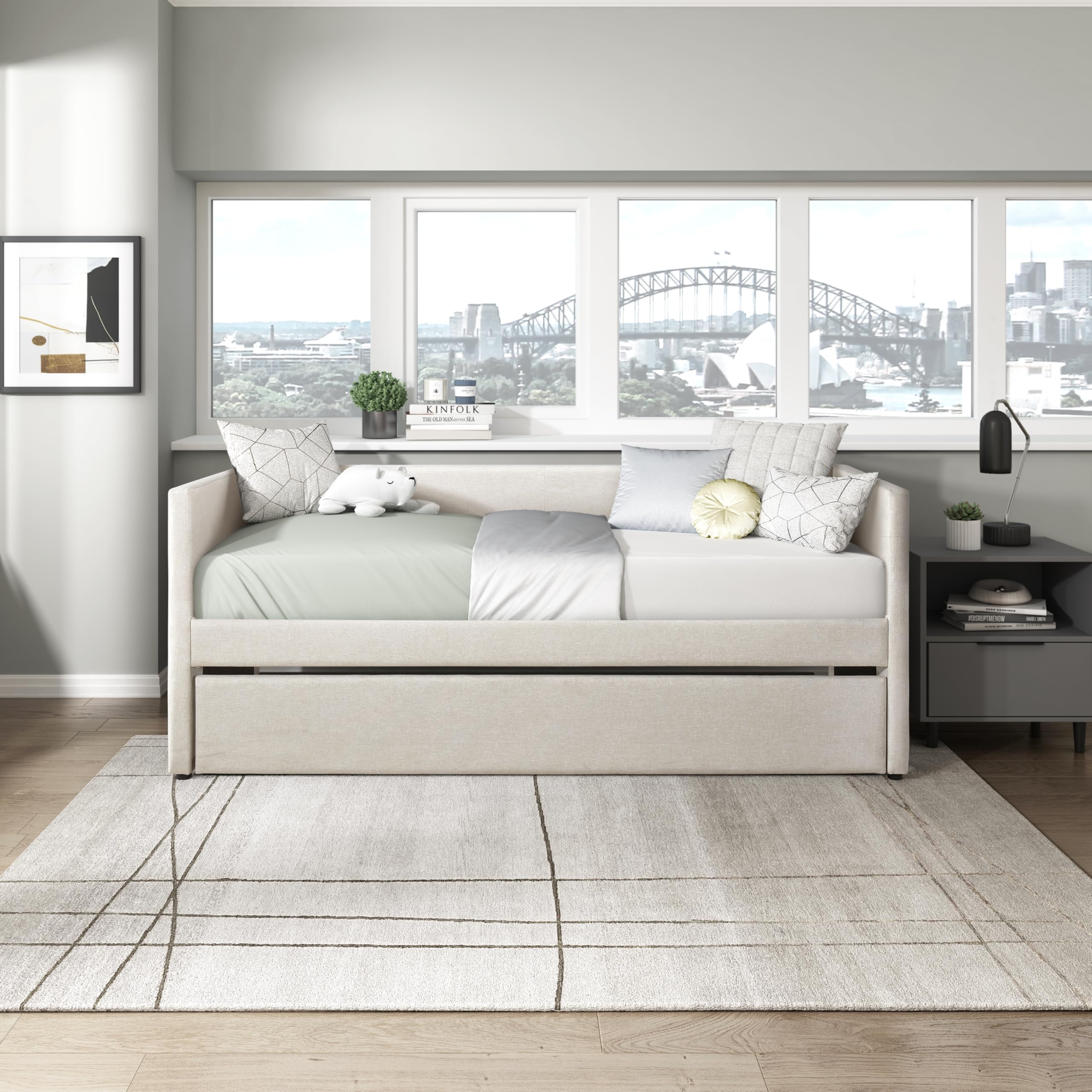 Upholstered Twin Daybed with Trundle, Textured Fabric Sofa Bed with Backrest & Wood Slat Support for Bedroom, Guest Room, Beige