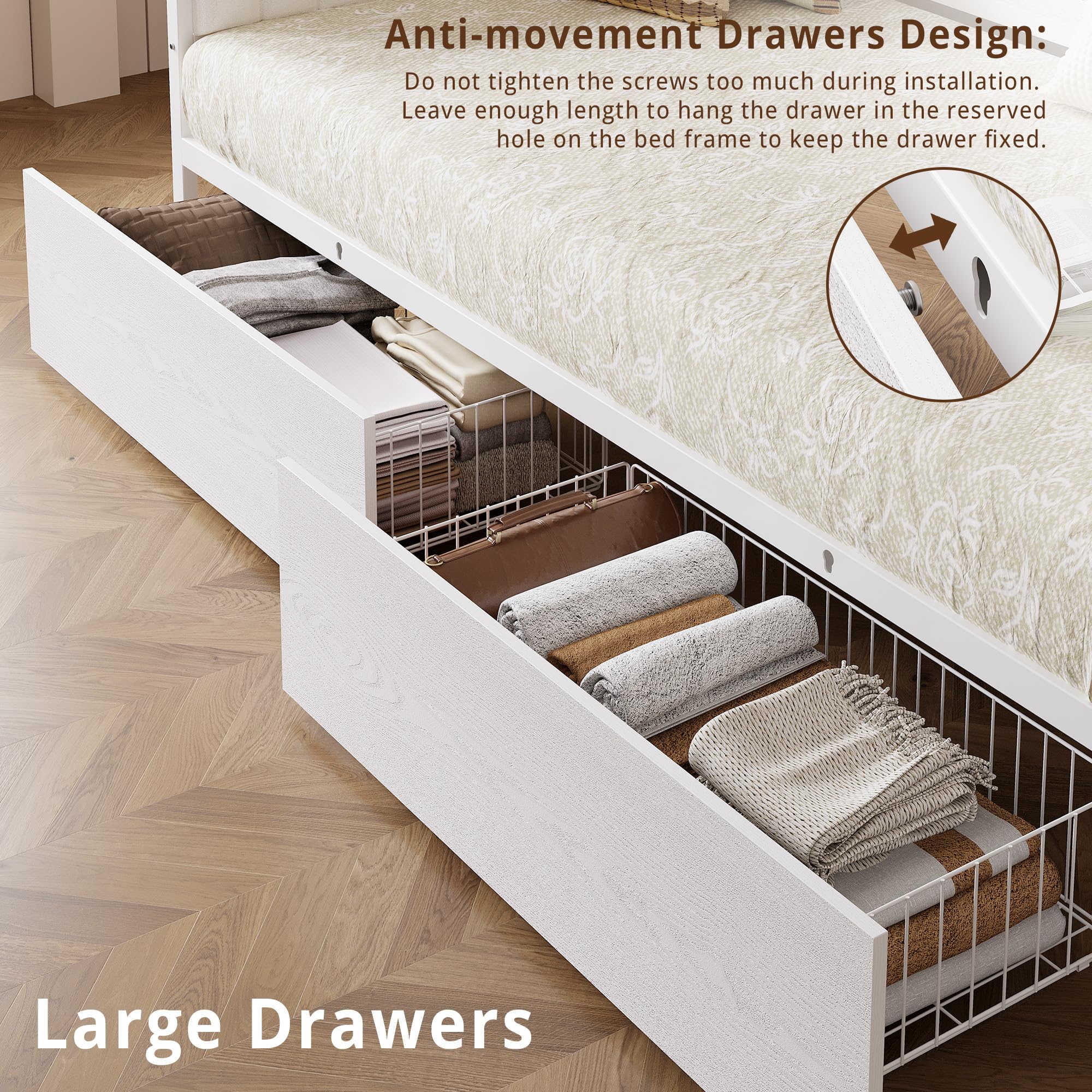 Twin Daybed with Storage Drawers, Metal Frame with X-Shaped Headboard & Charging Station, Farmhouse Bed for Bedroom, White/Walnut