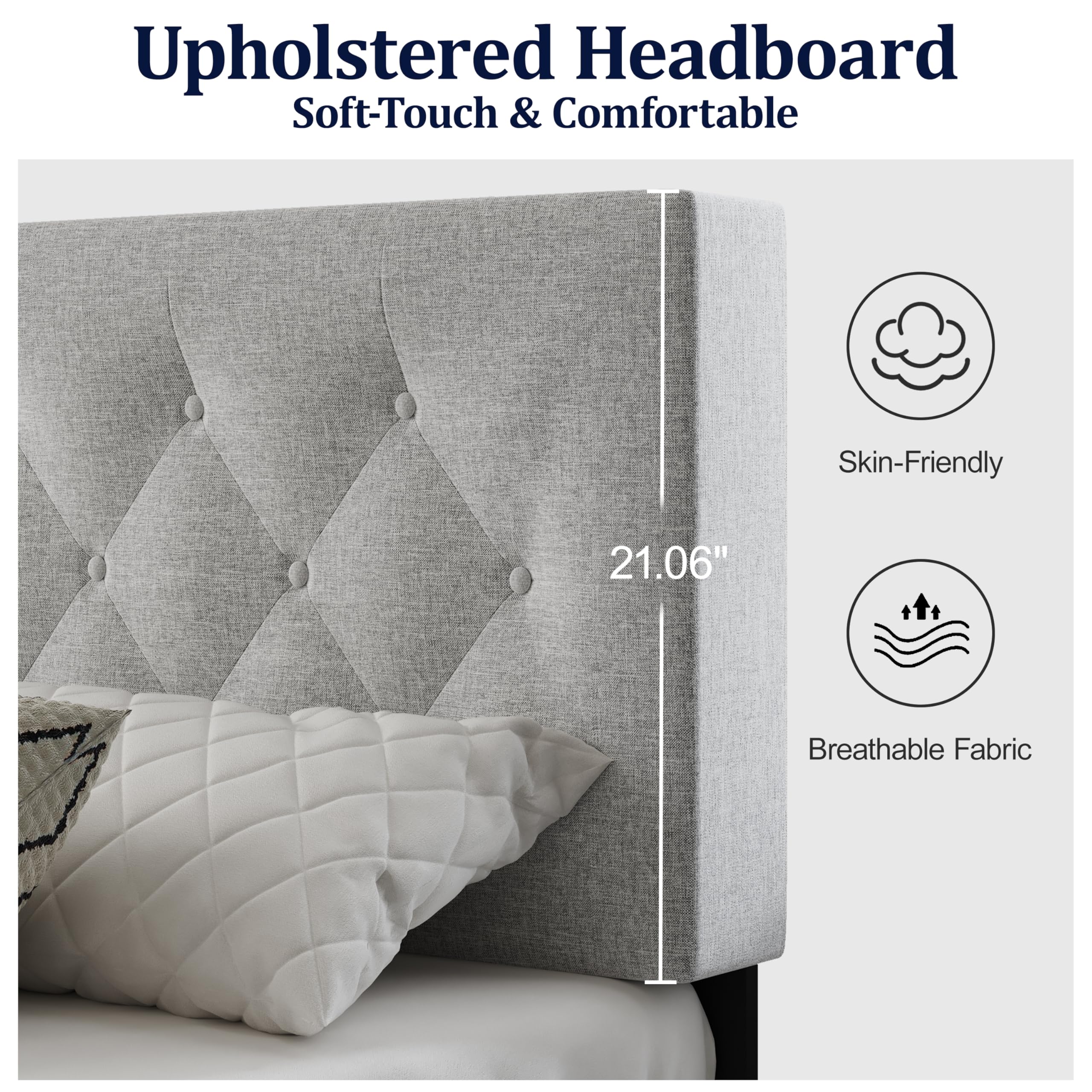 Full  with Fabric Button Upholstered Headboard and Wooden Slat Support, Sturdy Frame No Spring Mattress Required, Noiseless , Modern Bedroom