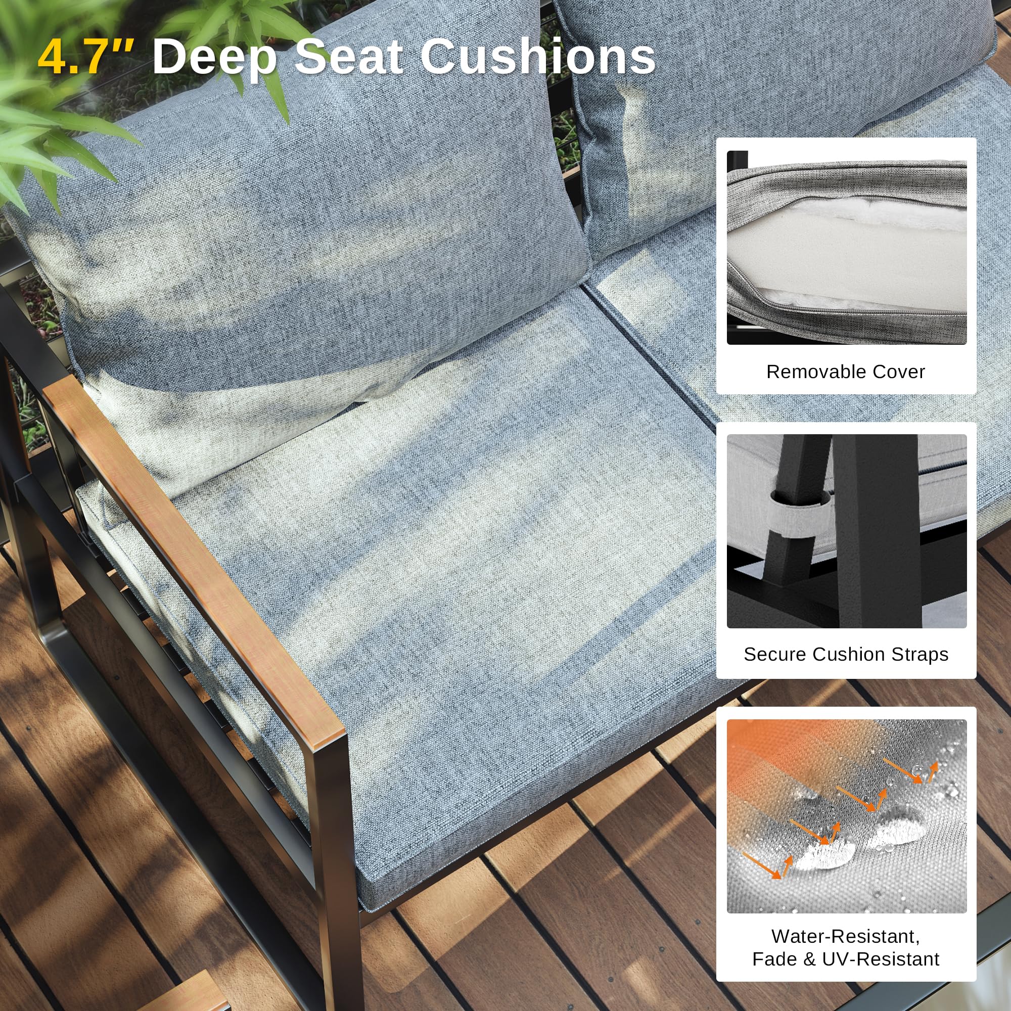 4-Piece Patio Furniture Set with Sofa, Washable Cushions & Tempered Glass Table, Outdoor Conversation Set for Backyard, Light Gray & Black