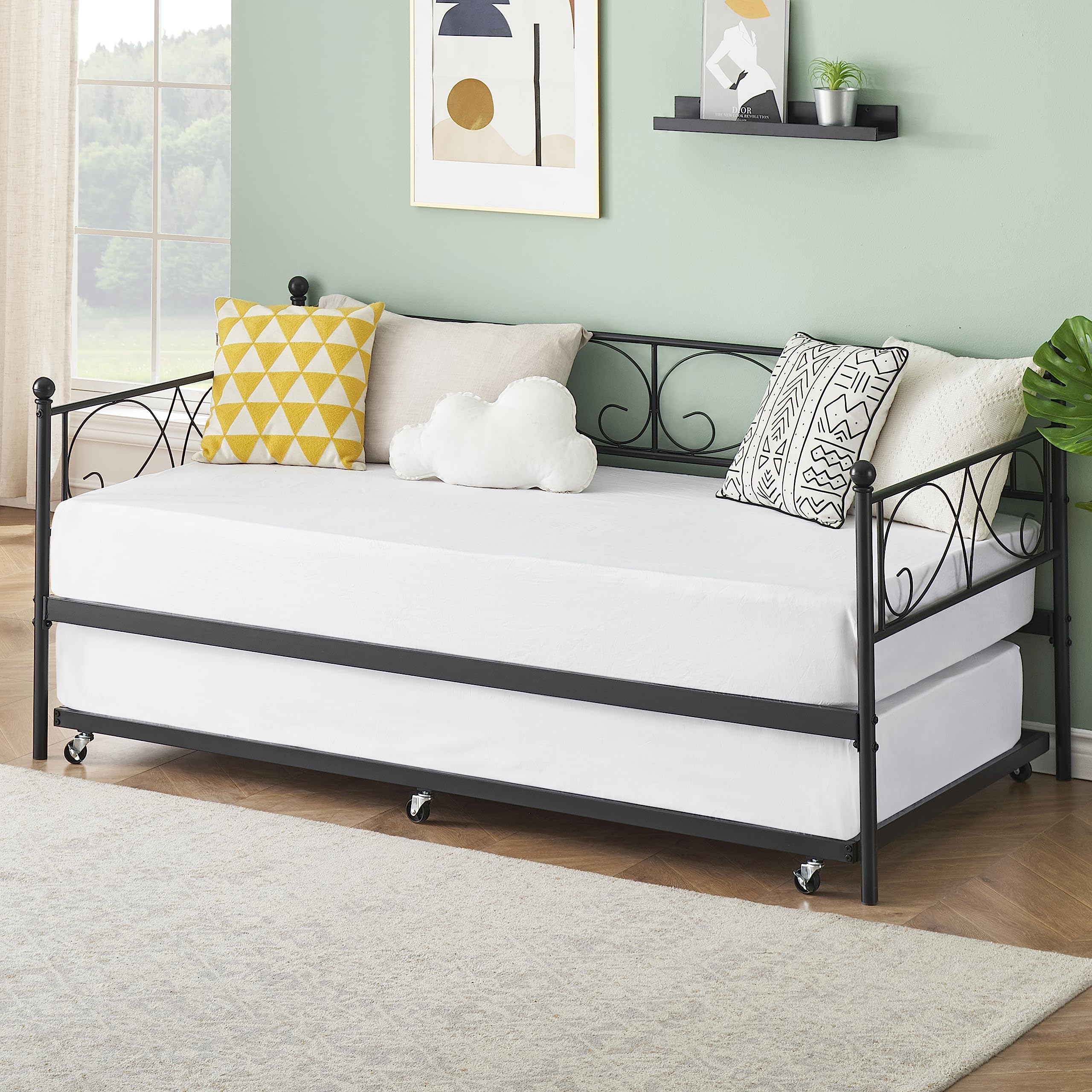 Twin Daybed with Trundle, Metal Trundle Bed, Sofa Bed Frame, Heavy Duty Metal Slats, for Living Room, Bedroom, Guest Room, Space Saving, Black