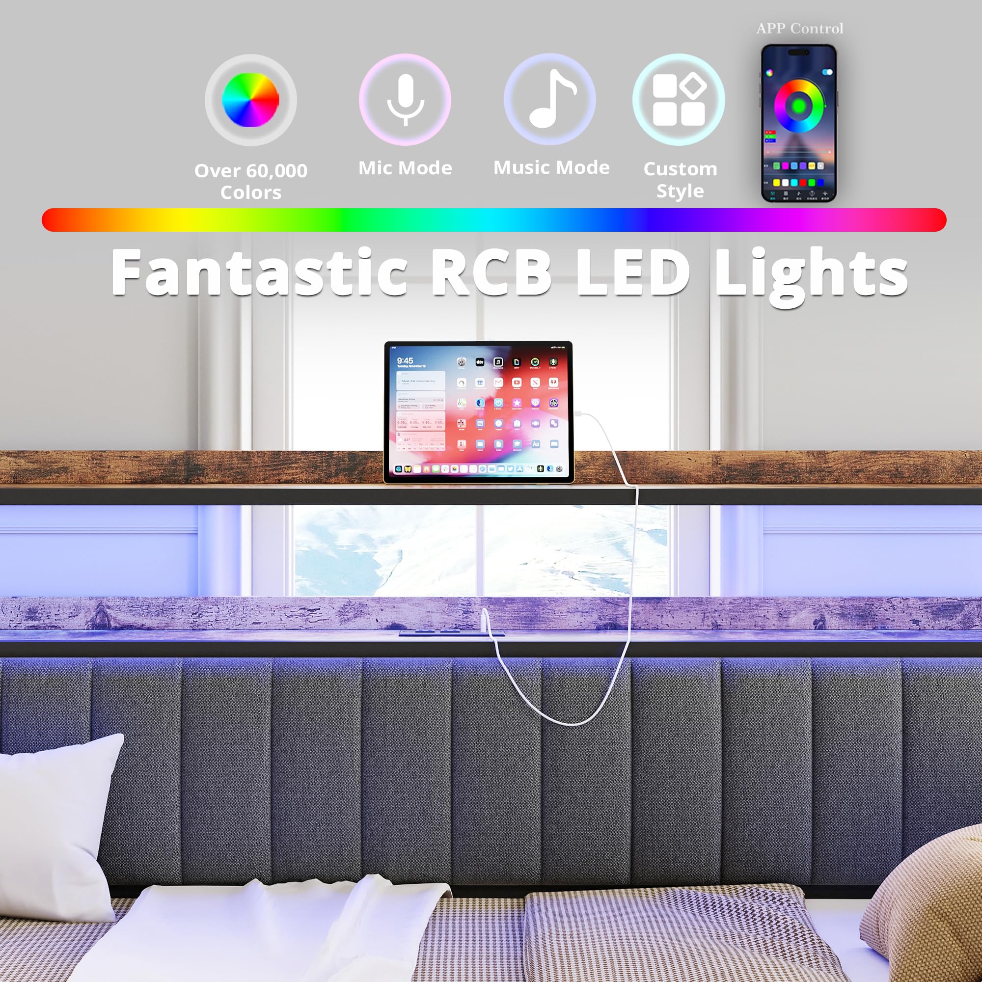 Twin Daybed with Trundle, LED Lights, Charging Station, 2-Tier Storage Shelves & Upholstered Headboard, Metal Frame, Bedroom