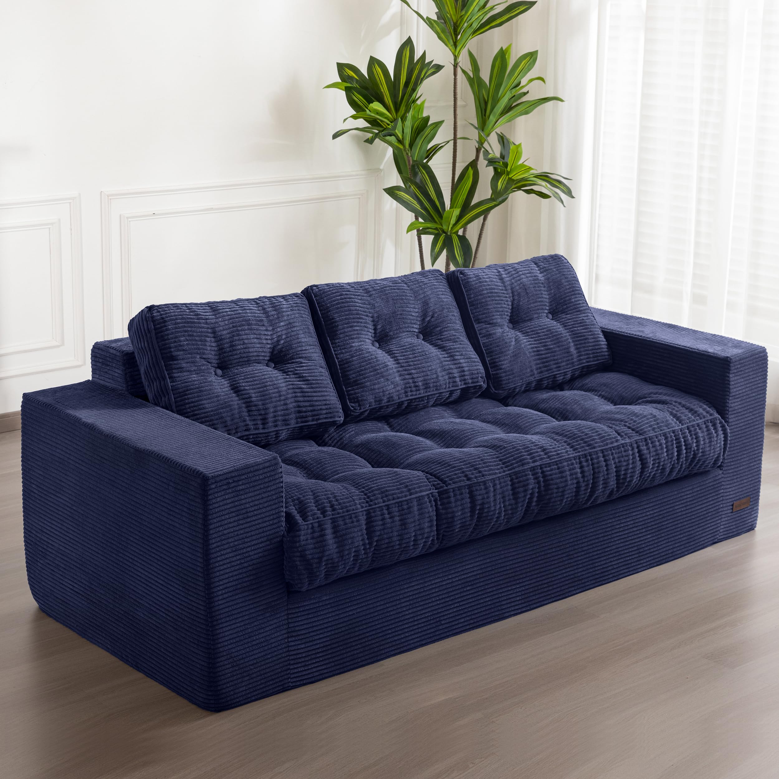 3 Seater Couch for Living Room, Boneless Couch with Tufted Cushion & Backrest, Upholstered Floor Sofa with Armrests, Sofa in A Box, No Assembly Required, Navy