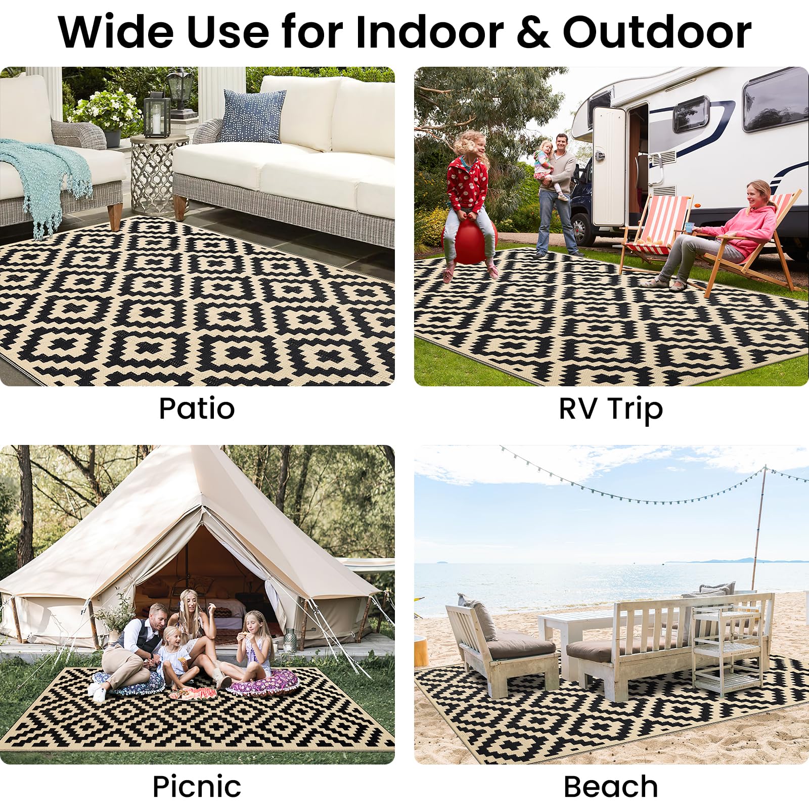 Waterproof Outdoor Rug 5x8 ft, Reversible Plastic Straw Patio Camping Mat, Indoor Outdoor RV Carpet for Backyard, Deck, Picnic, Black & Beige