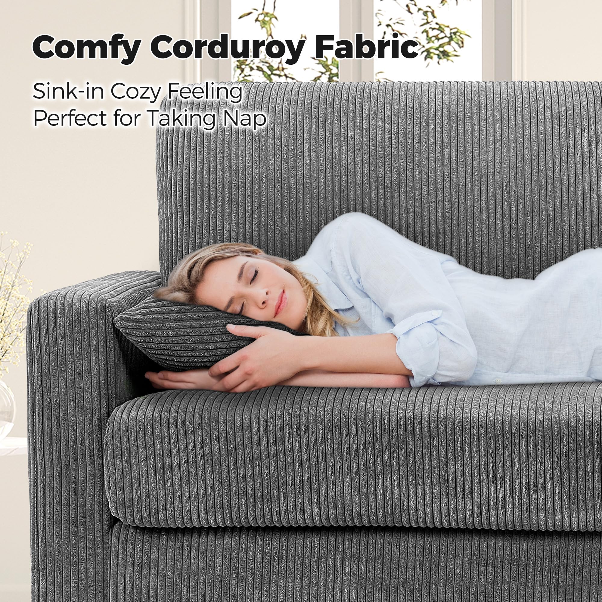 70" Grey Sofa with 21" Extra Deep Seats, Comfy Corduroy Loveseat with 2 Pillows, No-Tool Assembly, Oversized Couch for Living Room, Bedroom
