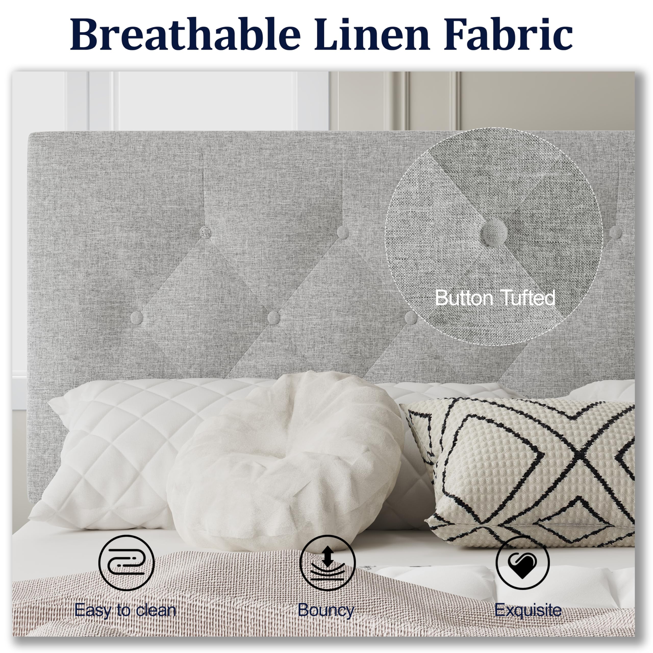 Full  with Fabric Button Upholstered Headboard and Wooden Slat Support, Sturdy Frame No Spring Mattress Required, Noiseless , Modern Bedroom