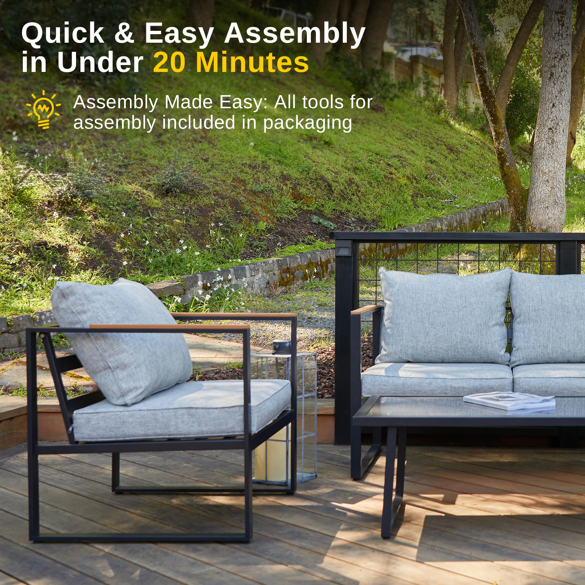 4-Piece Patio Furniture Set with Sofa, Washable Cushions & Tempered Glass Table, Outdoor Conversation Set for Backyard, Light Gray & Black