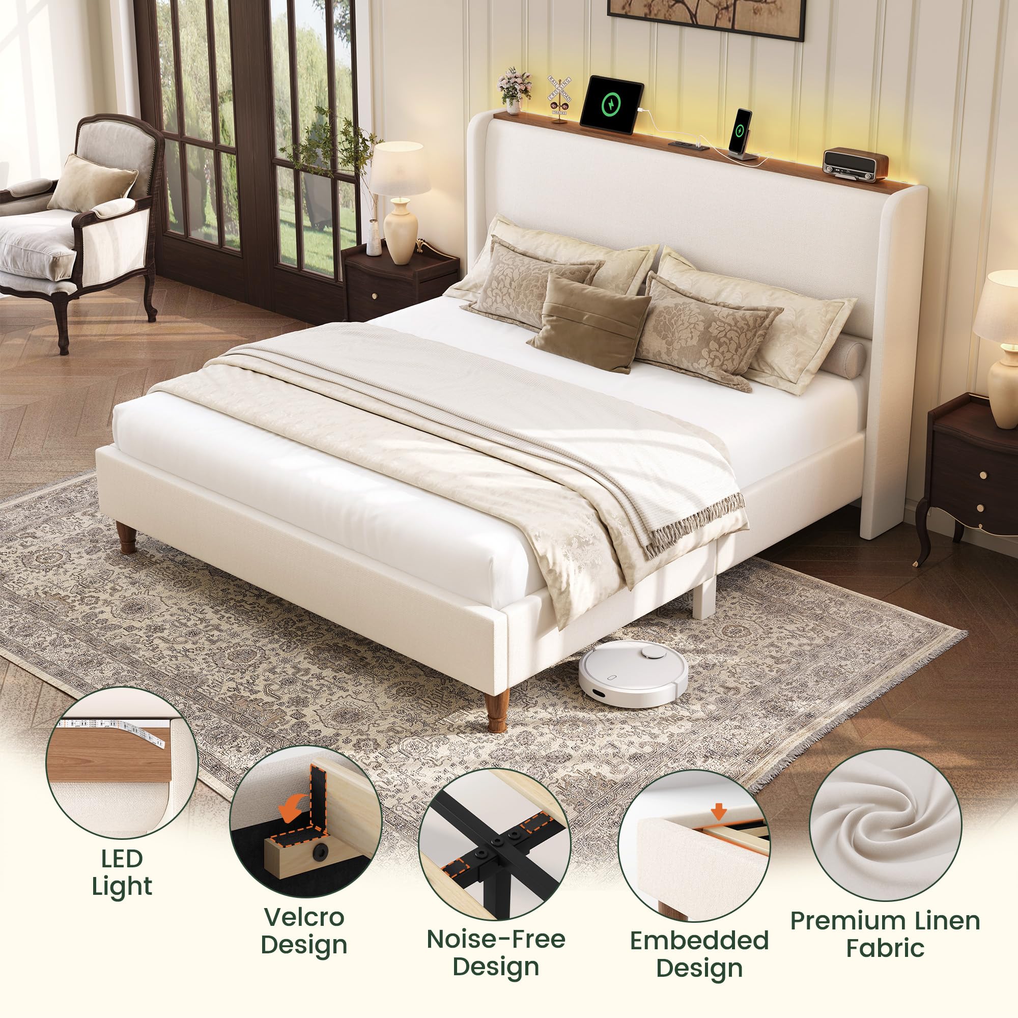 King Size Bed Frame with LED Lights and Charging Station Linen Upholstered  with 51.2" Tall Wingback Headboard and Storage Shelf, , , Beige