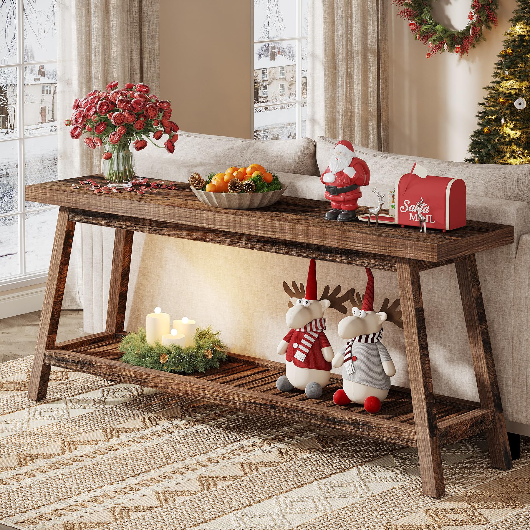 70.86-Inch Console Table for Entyrway, Farmhouse 2-Tier Entry Entrance Table, Narrow Long Sofa Table Behind Couch, Rustic Brown