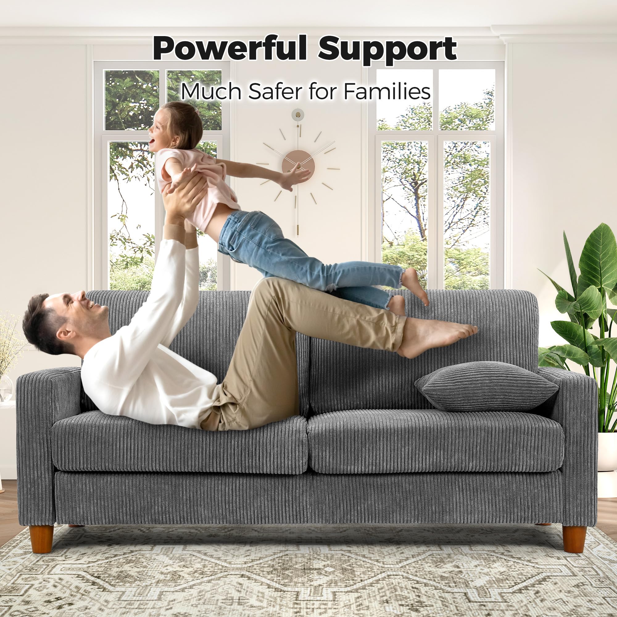70" Grey Sofa with 21" Extra Deep Seats, Comfy Corduroy Loveseat with 2 Pillows, No-Tool Assembly, Oversized Couch for Living Room, Bedroom