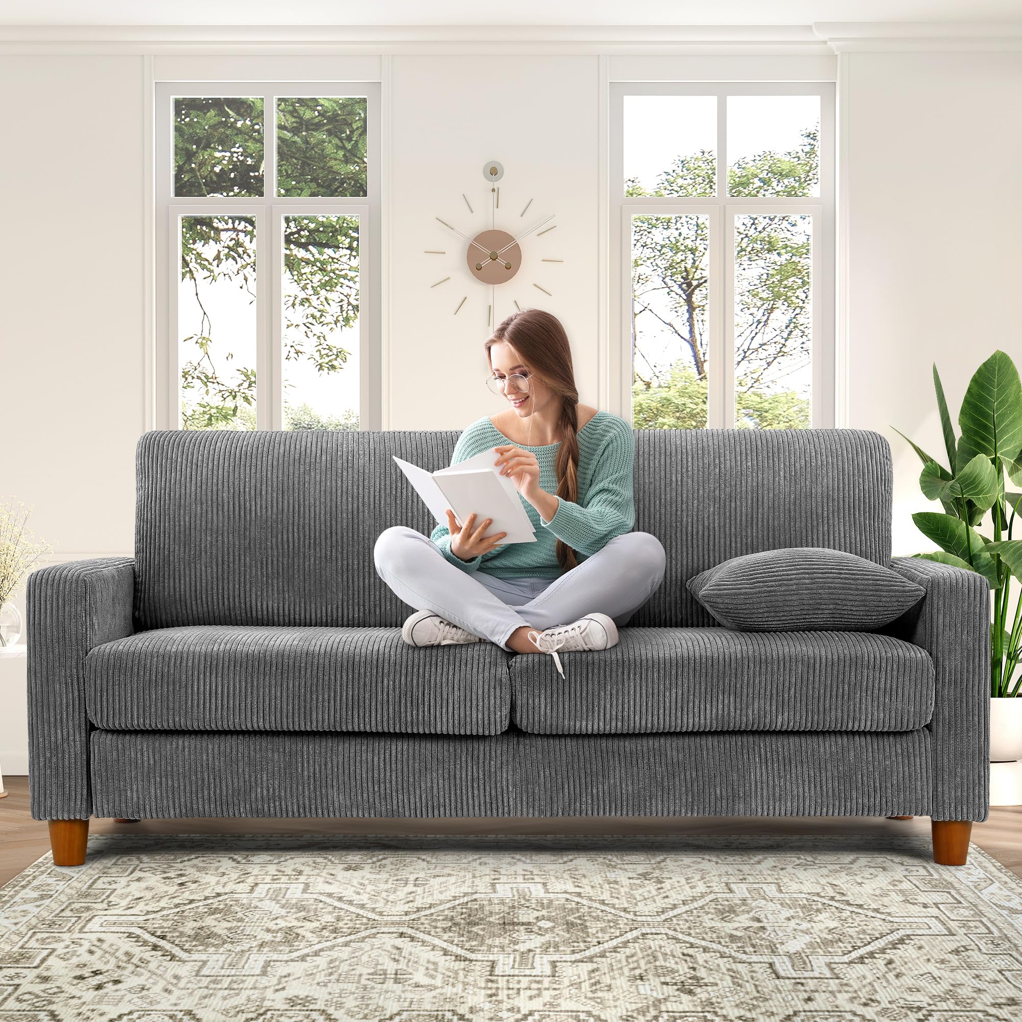 70" Grey Sofa with 21" Extra Deep Seats, Comfy Corduroy Loveseat with 2 Pillows, No-Tool Assembly, Oversized Couch for Living Room, Bedroom