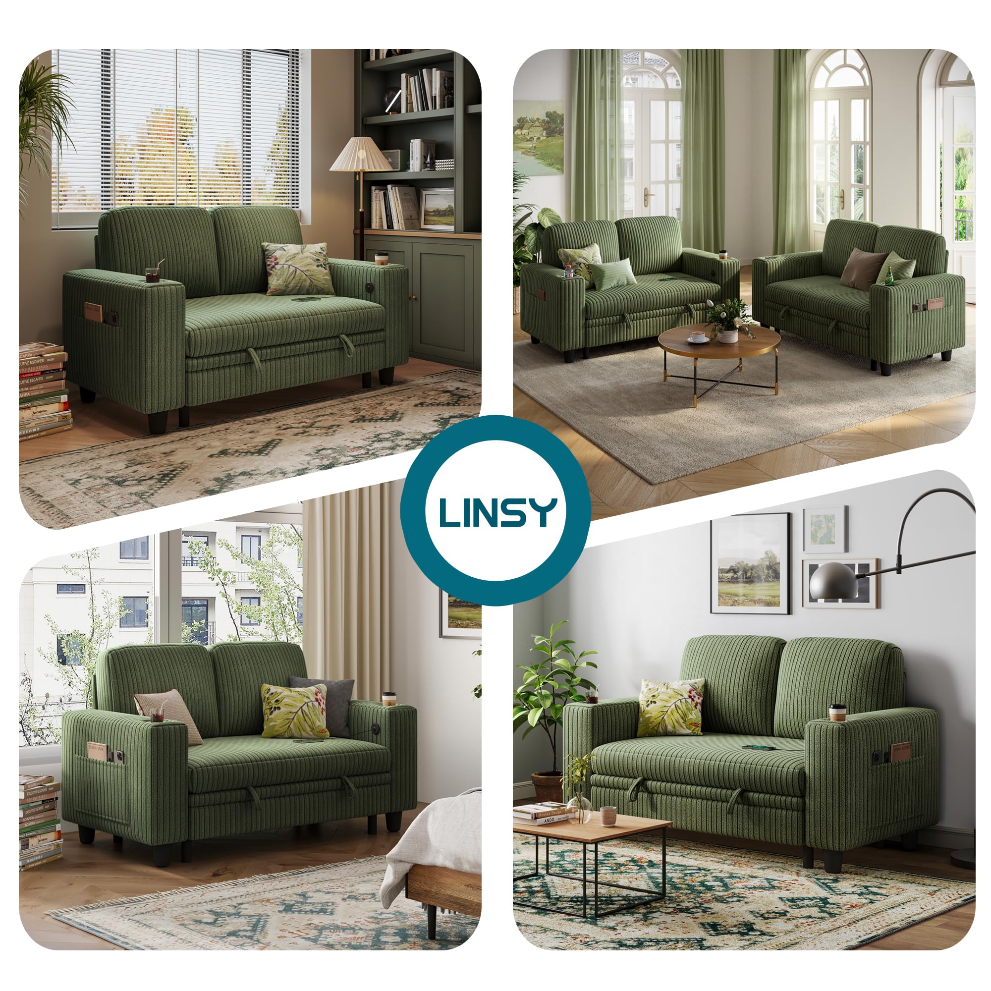 2-in-1 Loveseat Sofa with Pull-Out Chaise, USB Charging & Cup Holders, Plush Corduroy Convertible 2-Seater for Small Spaces, Green
