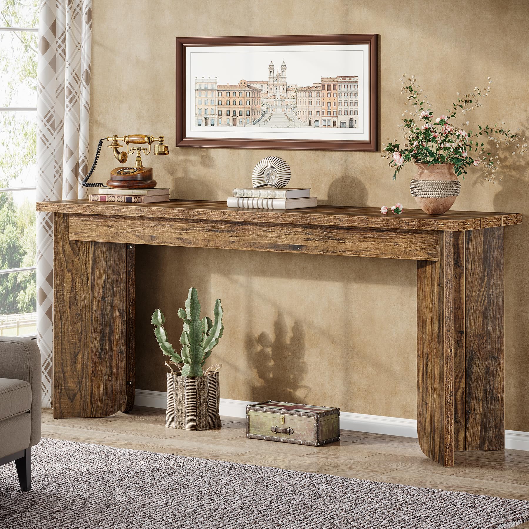 70.9" Wooden Sofa Console Table, Extra Long Farmhouse Entryway Table with Widened Top & Double Pedestal Base for Living Room, Rustic Brown
