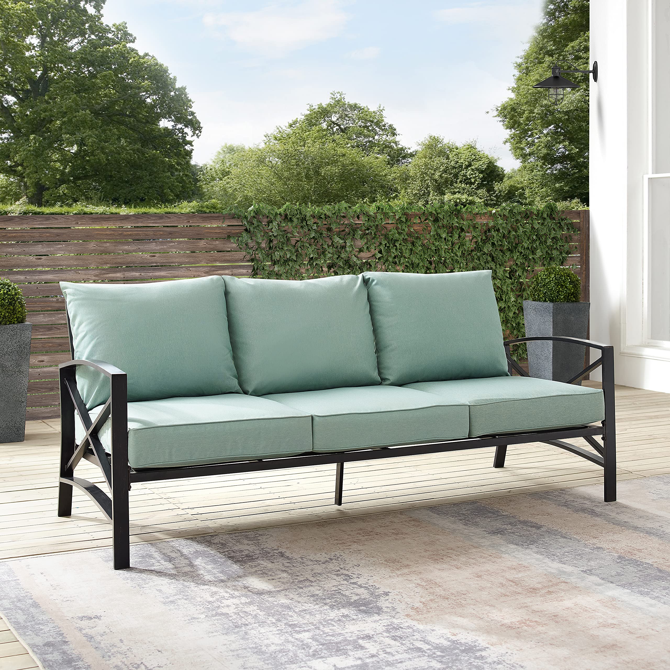 Kaplan Outdoor Sofa with Steel Frame, 3-Person Patio Couch for Porch, Deck, Backyard, Oiled Bronze with Mist Cushions