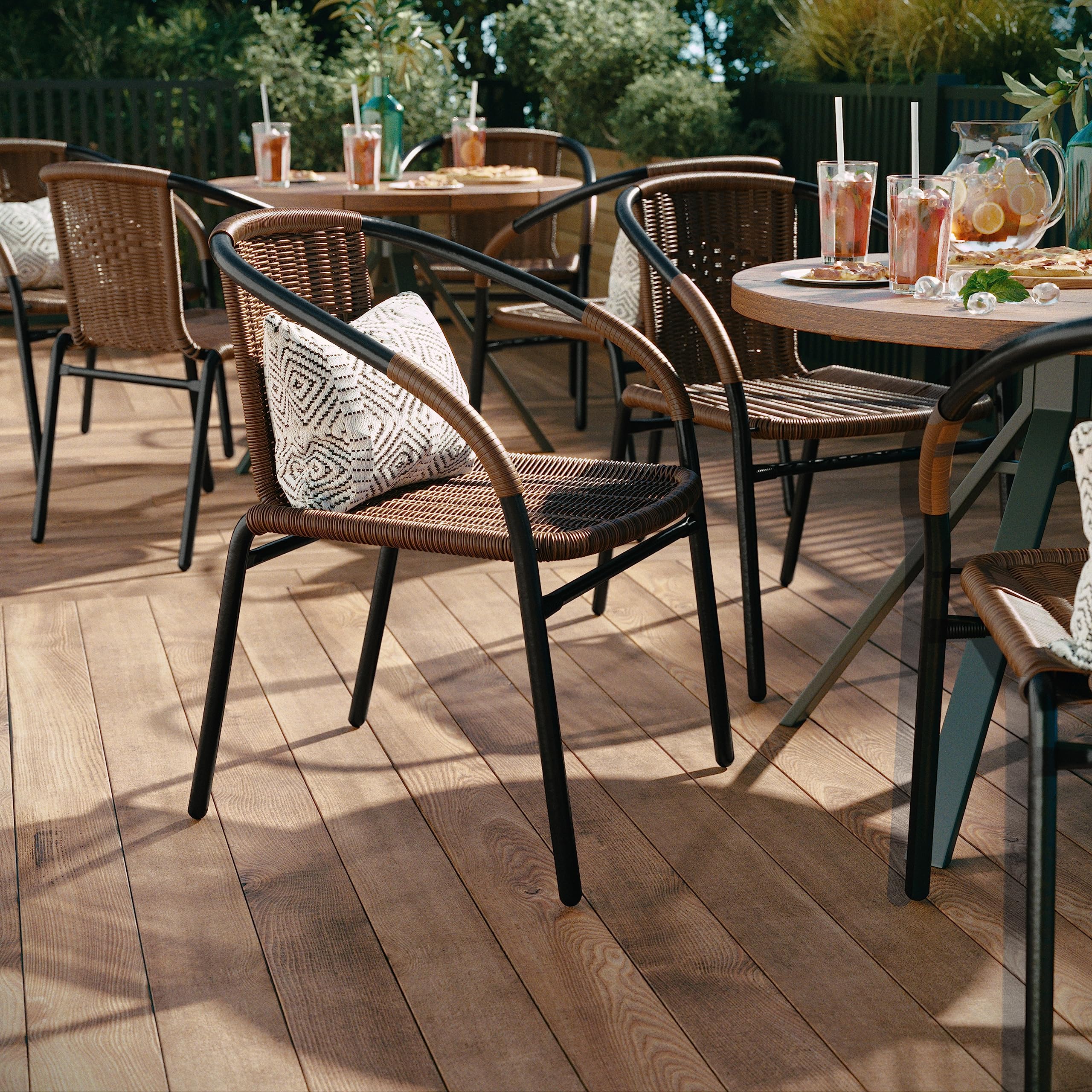 Lila Modern Rattan Stackable Dining Chairs, Indoor/Outdoor Bistro Chairs for Patio or Restaurant, Set of 4, Brown