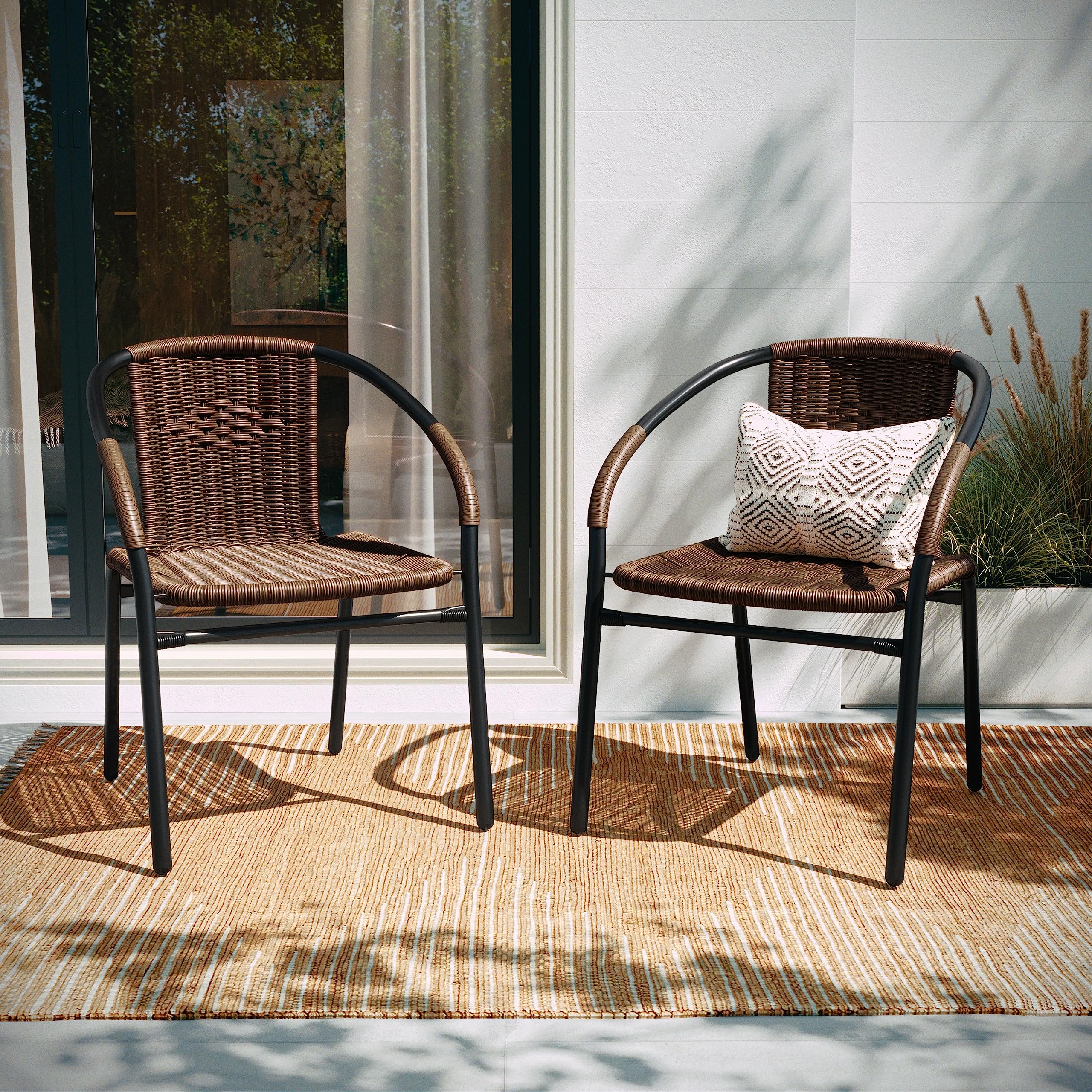 Lila Modern Rattan Stackable Dining Chairs, Indoor/Outdoor Bistro Chairs for Patio or Restaurant, Set of 4, Brown