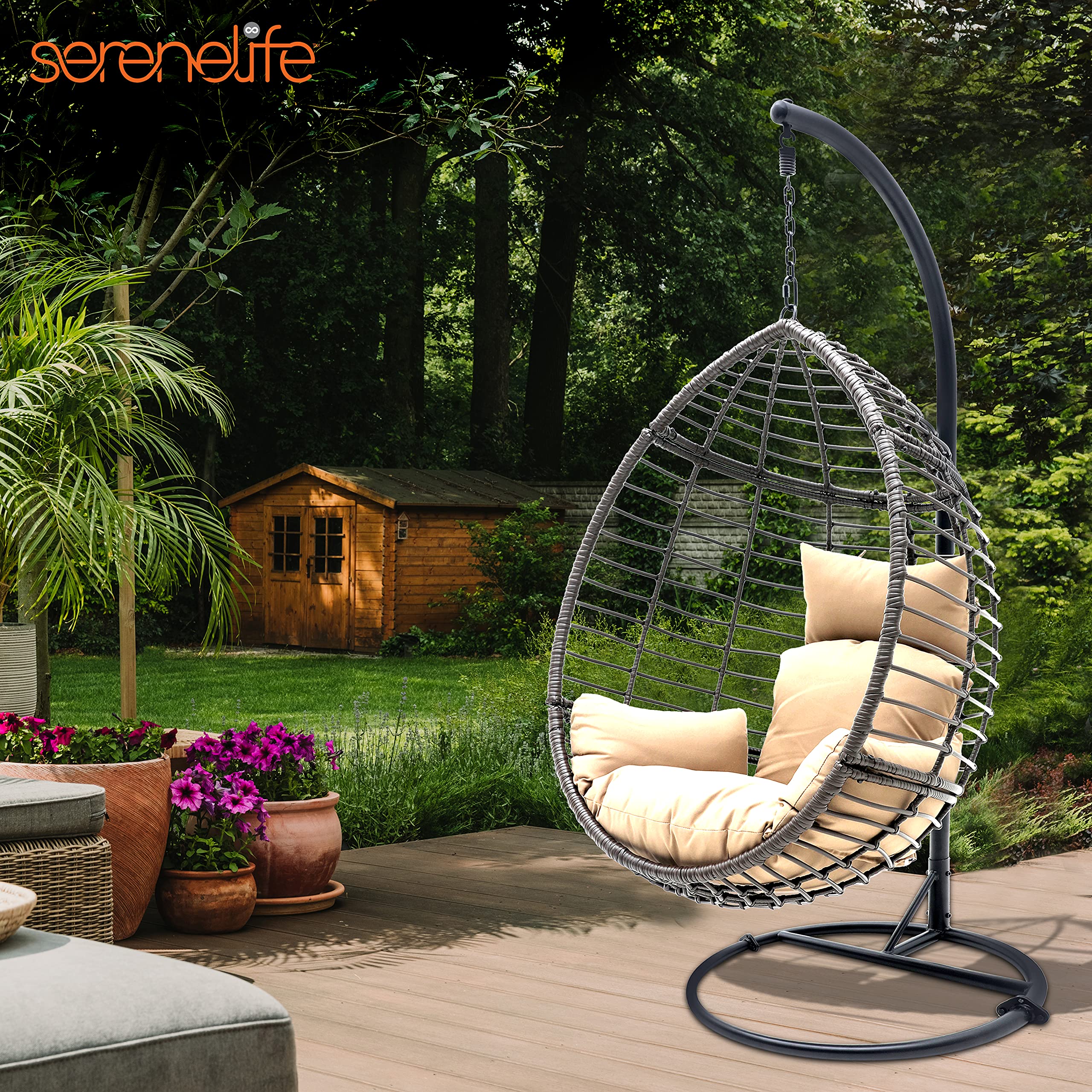 Hanging Wicker Egg Swing Chair with Stand, Indoor Outdoor Rattan Chair with Cushions, 66 lbs Capacity, Powder-Coated Steel Frame, Brown