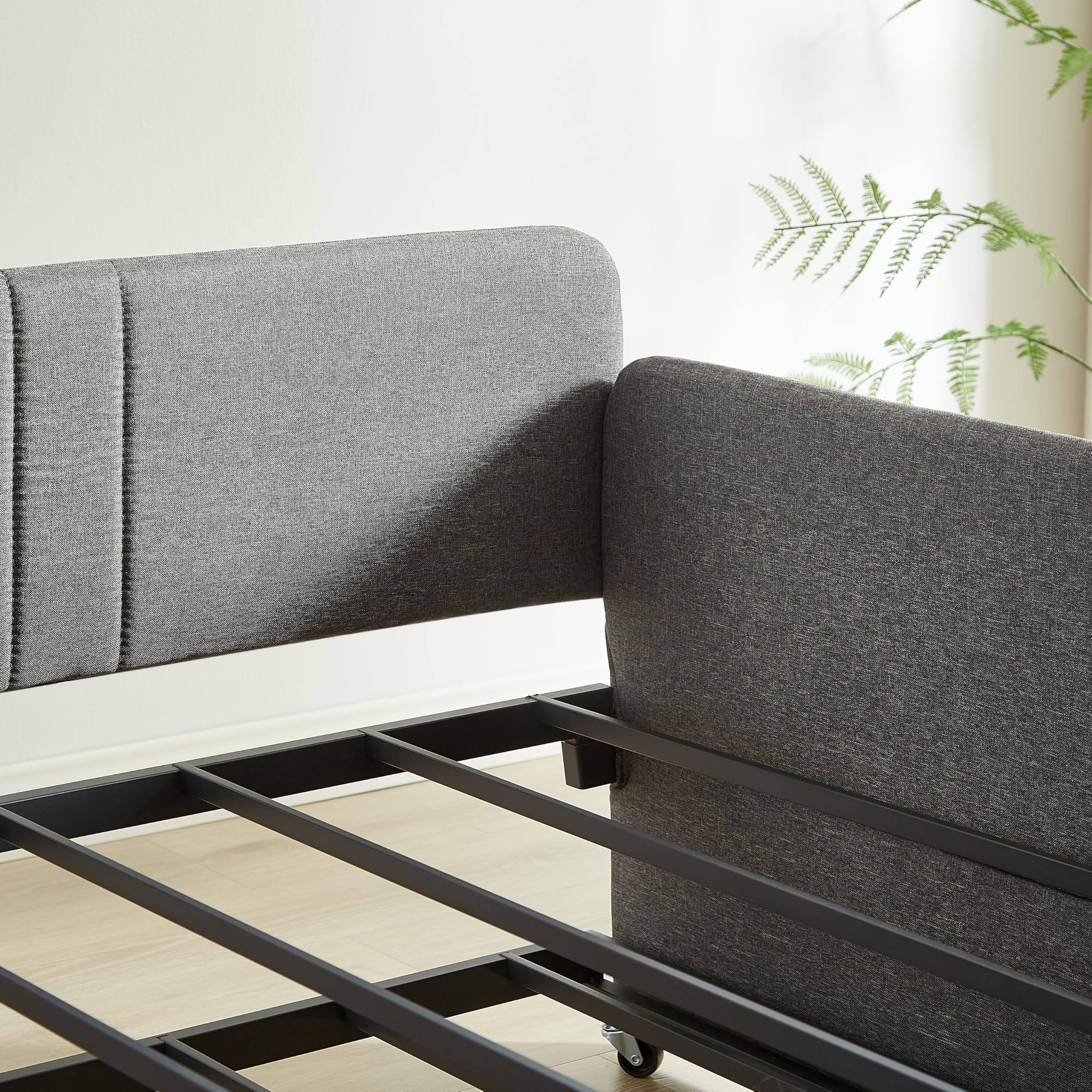 Twin Daybed with Trundle, Linen Upholstered Sofa Bed with Arm & Backrest, No Box Spring Needed, Twin Size Day Bed for Bedroom, Gray