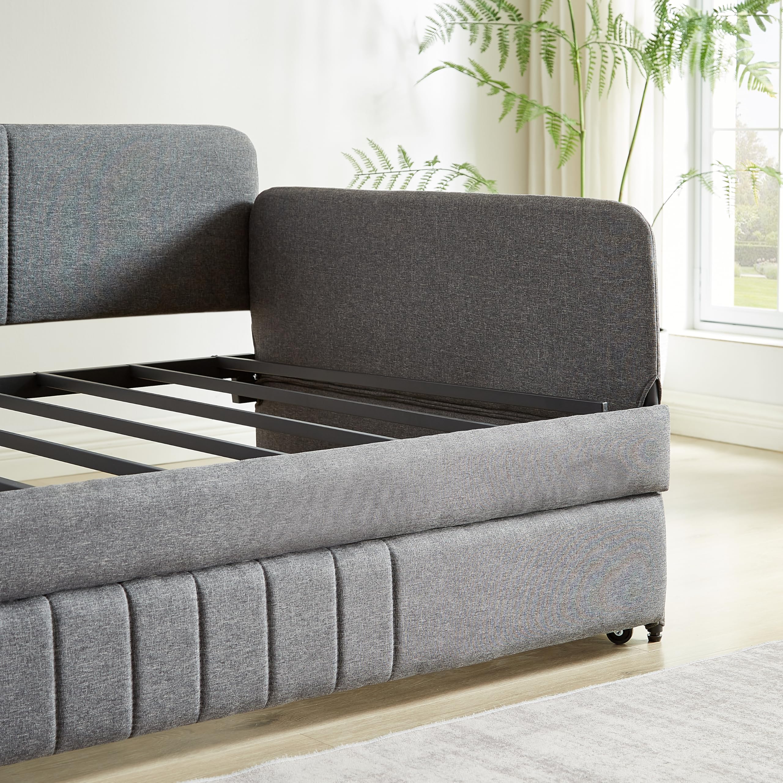 Twin Daybed with Trundle, Linen Upholstered Sofa Bed with Arm & Backrest, No Box Spring Needed, Twin Size Day Bed for Bedroom, Gray