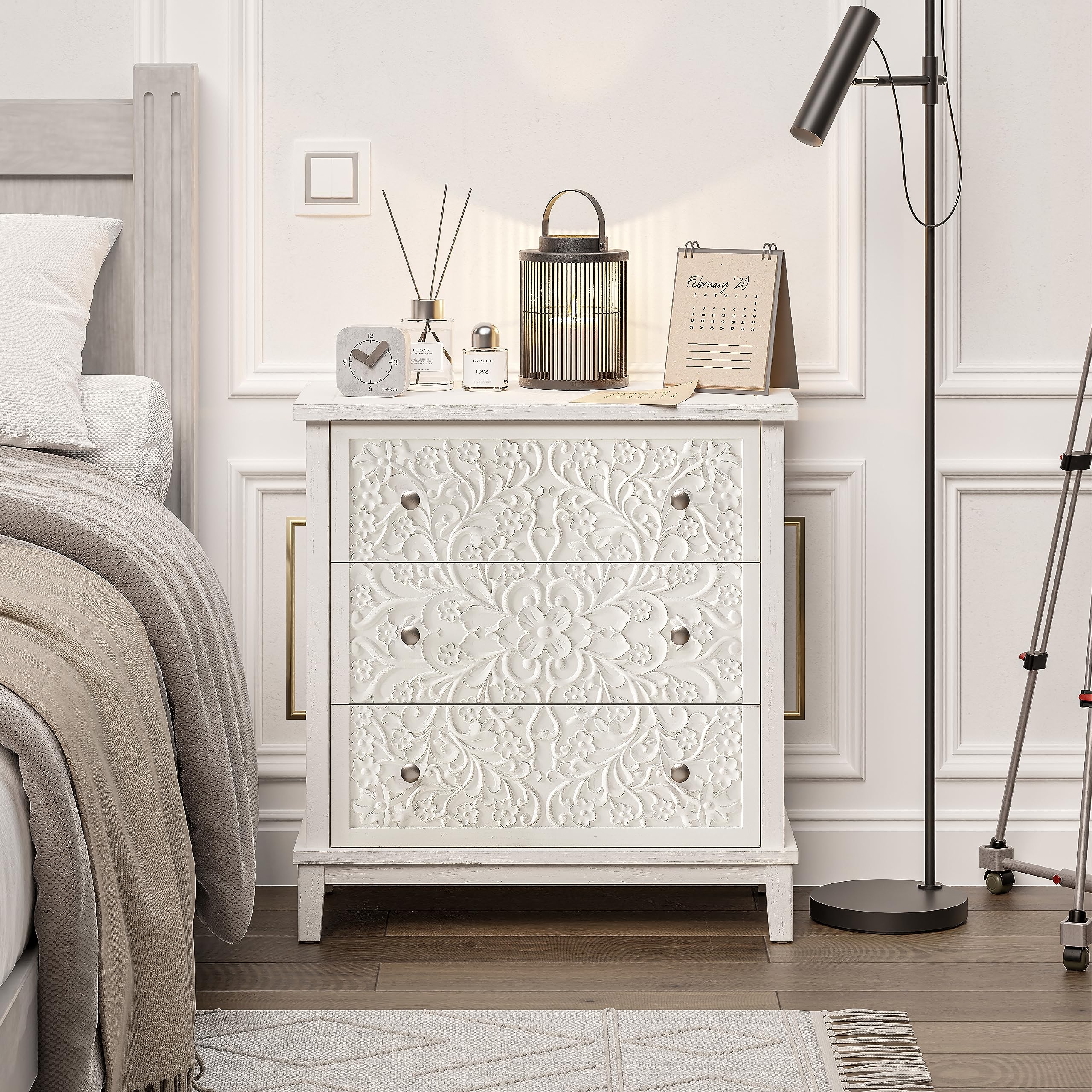 3-Drawer Fully-Assembled Flower Motif Dresser for French Country, Farmhouse, Modern, Rustic Style, Distressed Finish, White-Washed