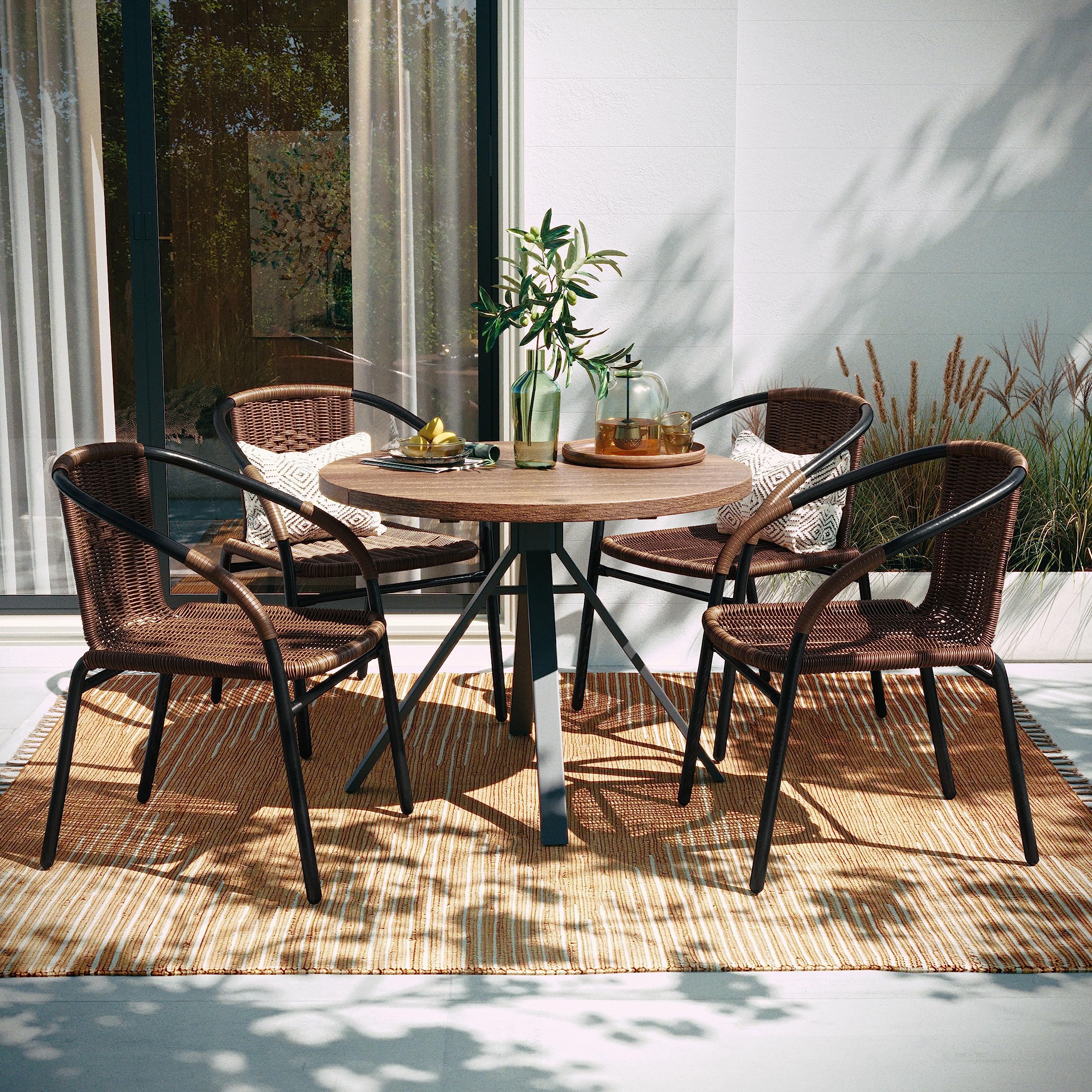 Lila Modern Rattan Stackable Dining Chairs, Indoor/Outdoor Bistro Chairs for Patio or Restaurant, Set of 4, Brown