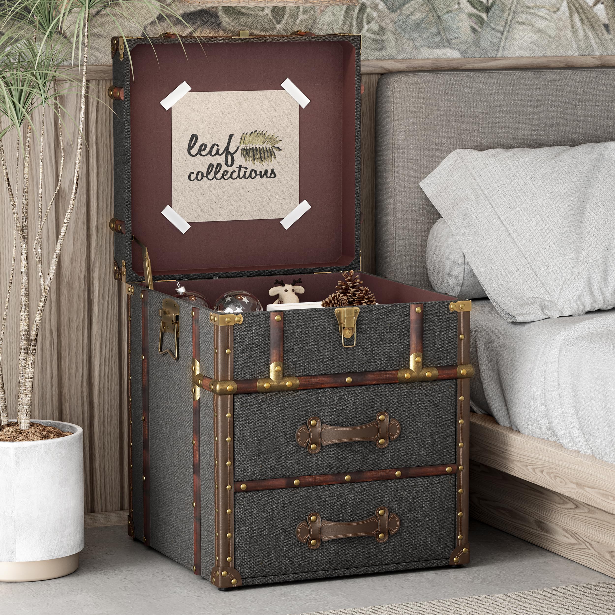Vintage Storage Chest with Buckle Hinged Top, Linen Accent End Side Table for Living Room, Office, Bedroom, Rectangle, Grey