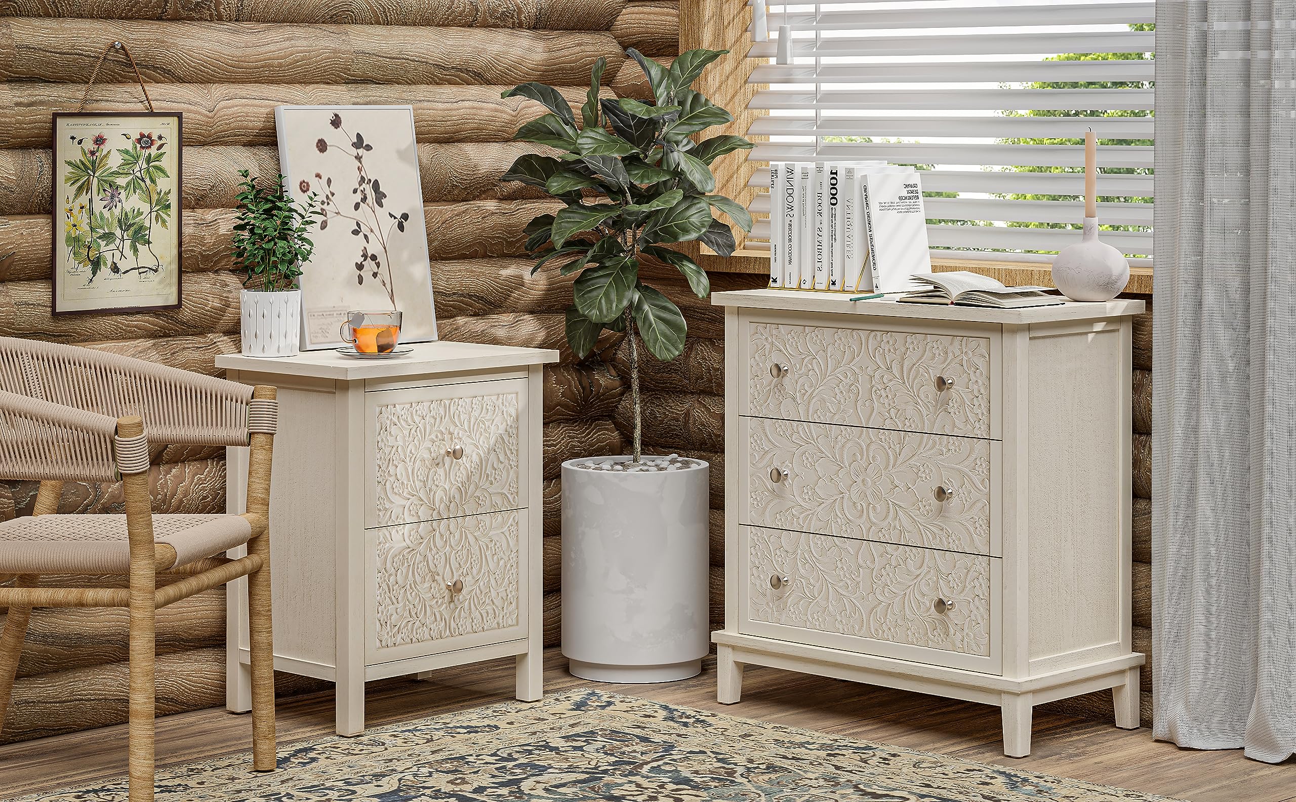 3-Drawer Fully-Assembled Flower Motif Dresser for French Country, Farmhouse, Modern, Rustic Style, Distressed Finish, White-Washed
